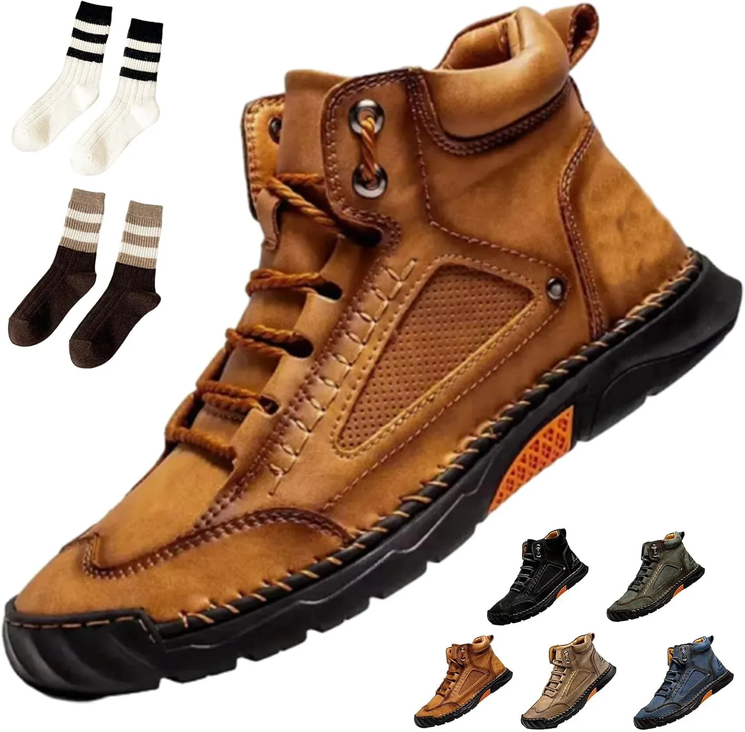 Sawbehind Mens Boots, Sawbehind Men's Comfortable Handmade Leather Boots, Waterproof, Non-slip, Arch Support (Brown,10.5)