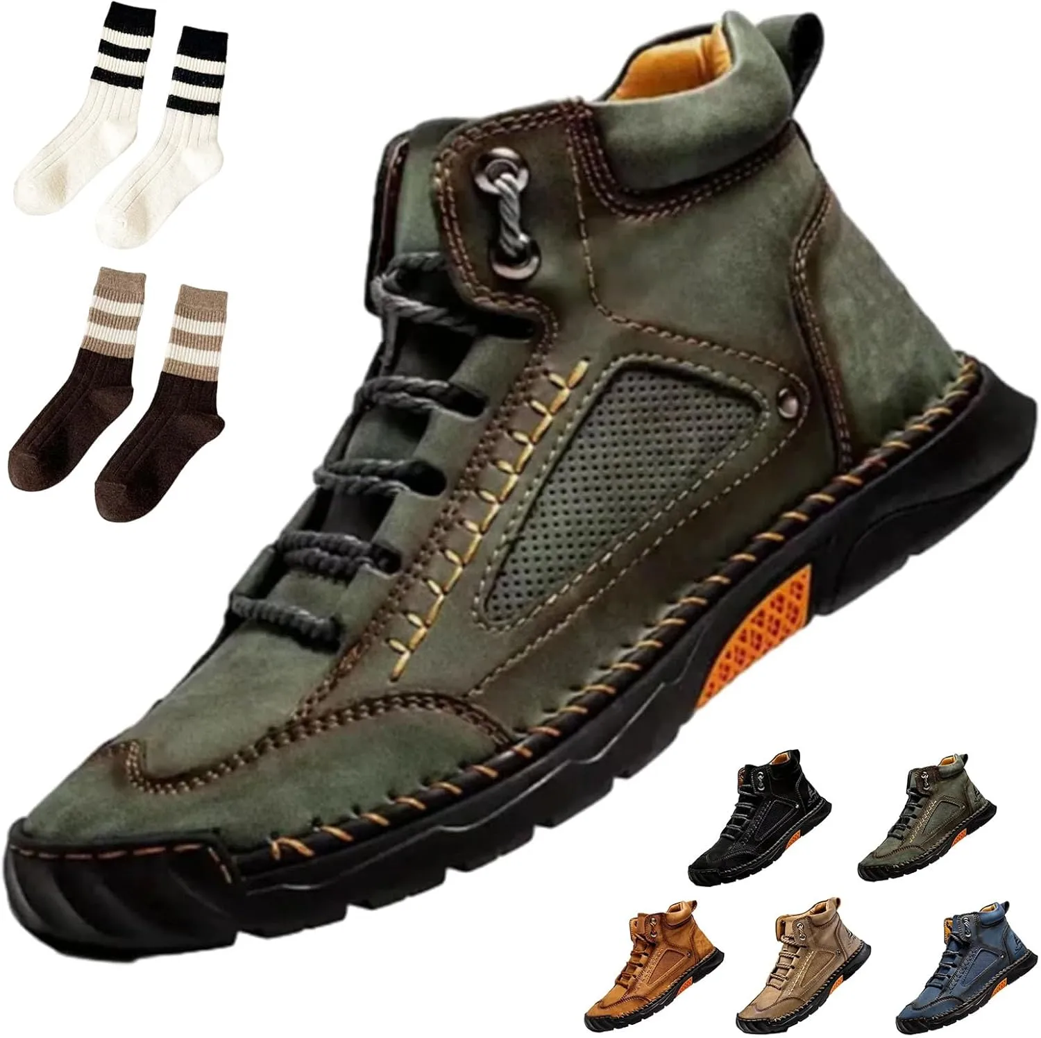 Sawbehind Mens Boots, Sawbehind Men's Comfortable Handmade Leather Boots, Waterproof, Non-slip, Arch Support (Green,12)