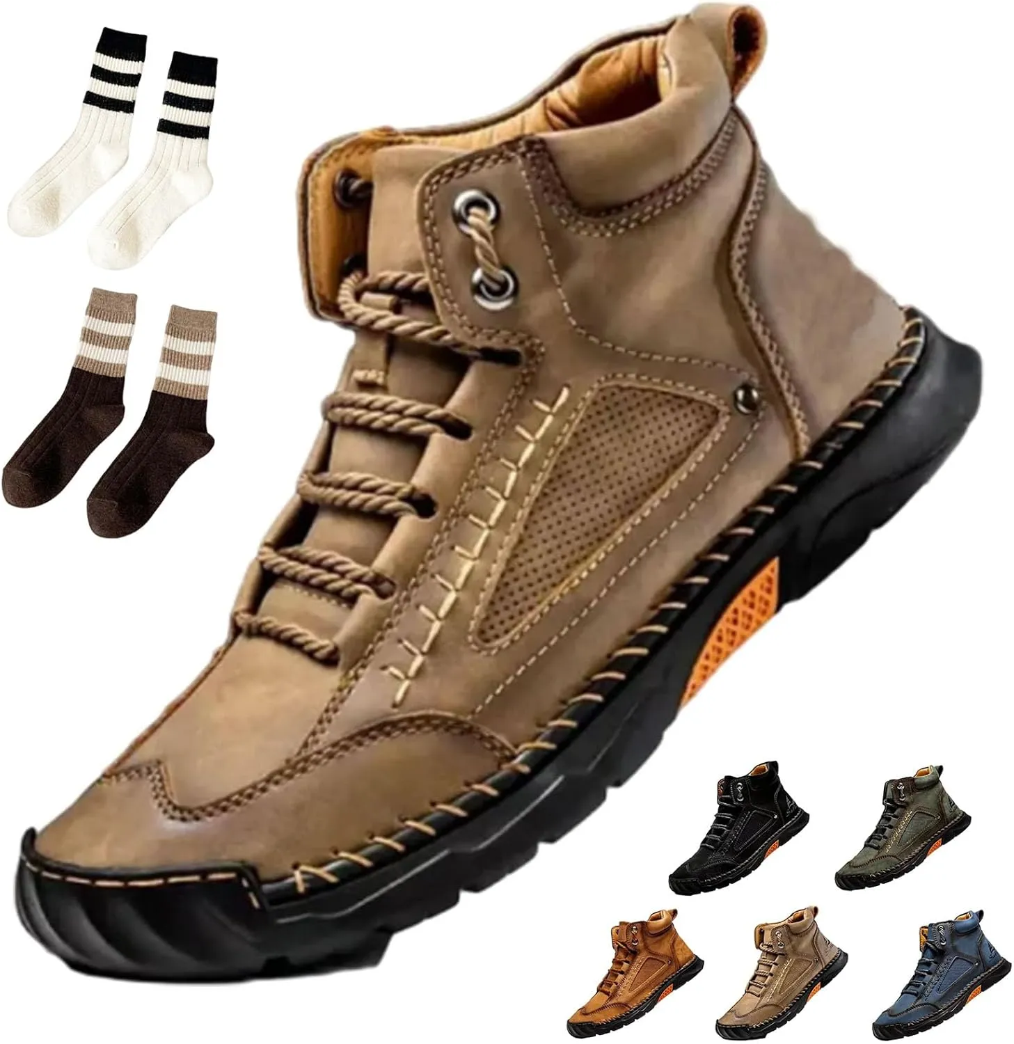 Sawbehind Mens Boots, Sawbehind Men's Comfortable Handmade Leather Boots, Waterproof, Non-slip, Arch Support (Khaki,13)