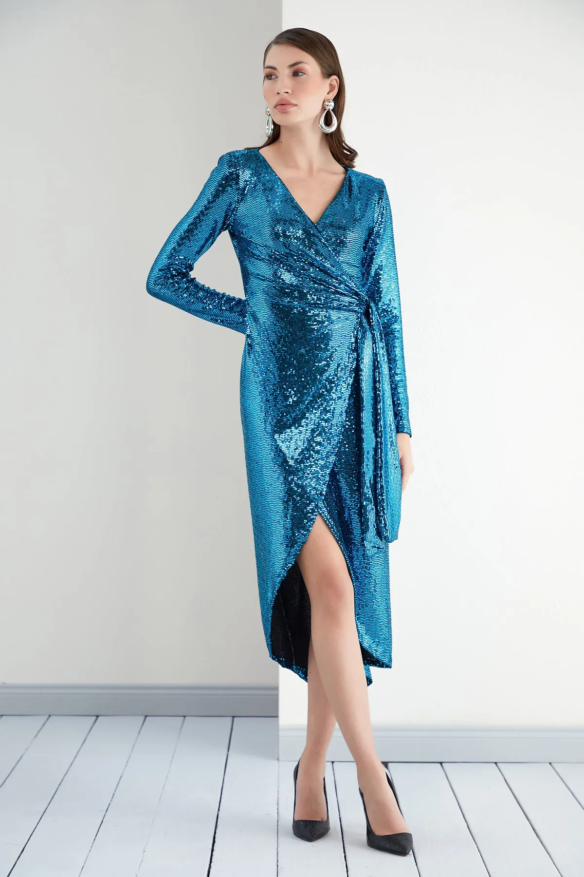 Sequin Wrap Midi dress in Blue