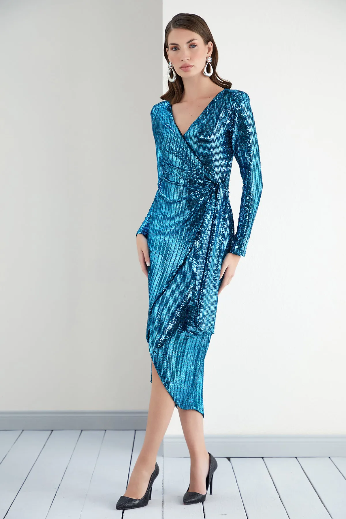 Sequin Wrap Midi dress in Blue