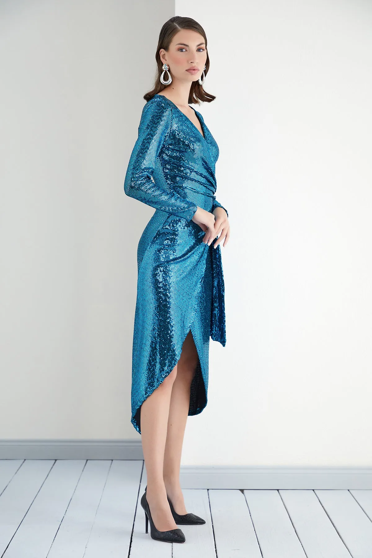 Sequin Wrap Midi dress in Blue