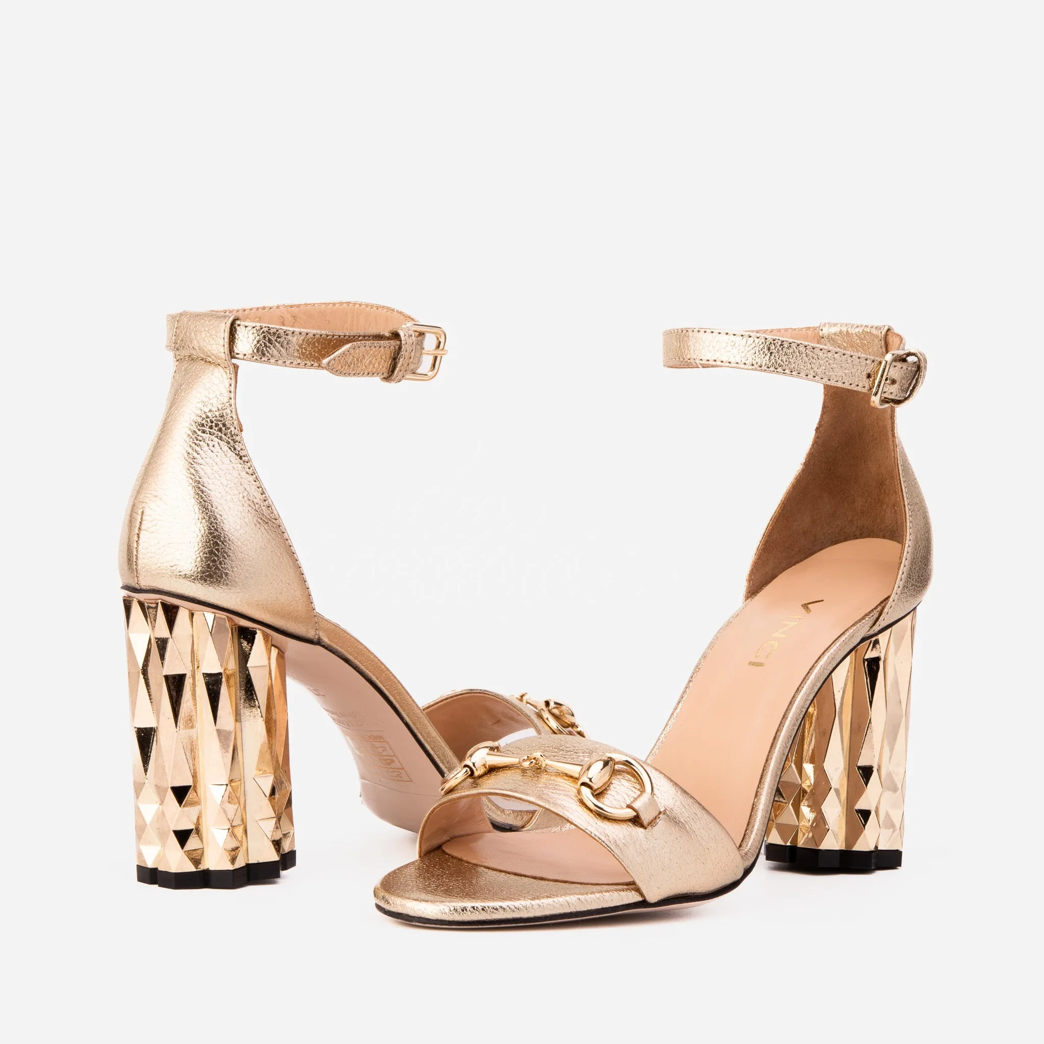 The Avlonya Block Heel Gold Leather Ankle Strap Women Sandal