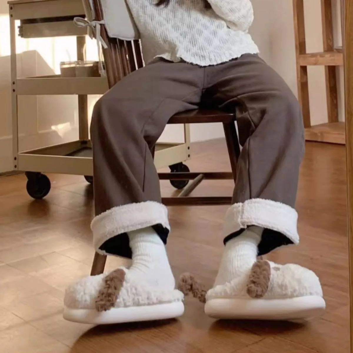 Warm and Cute Long Ear Dog Slippers Plush Puppy Animal Slippers for Women and Men Winter Slippers