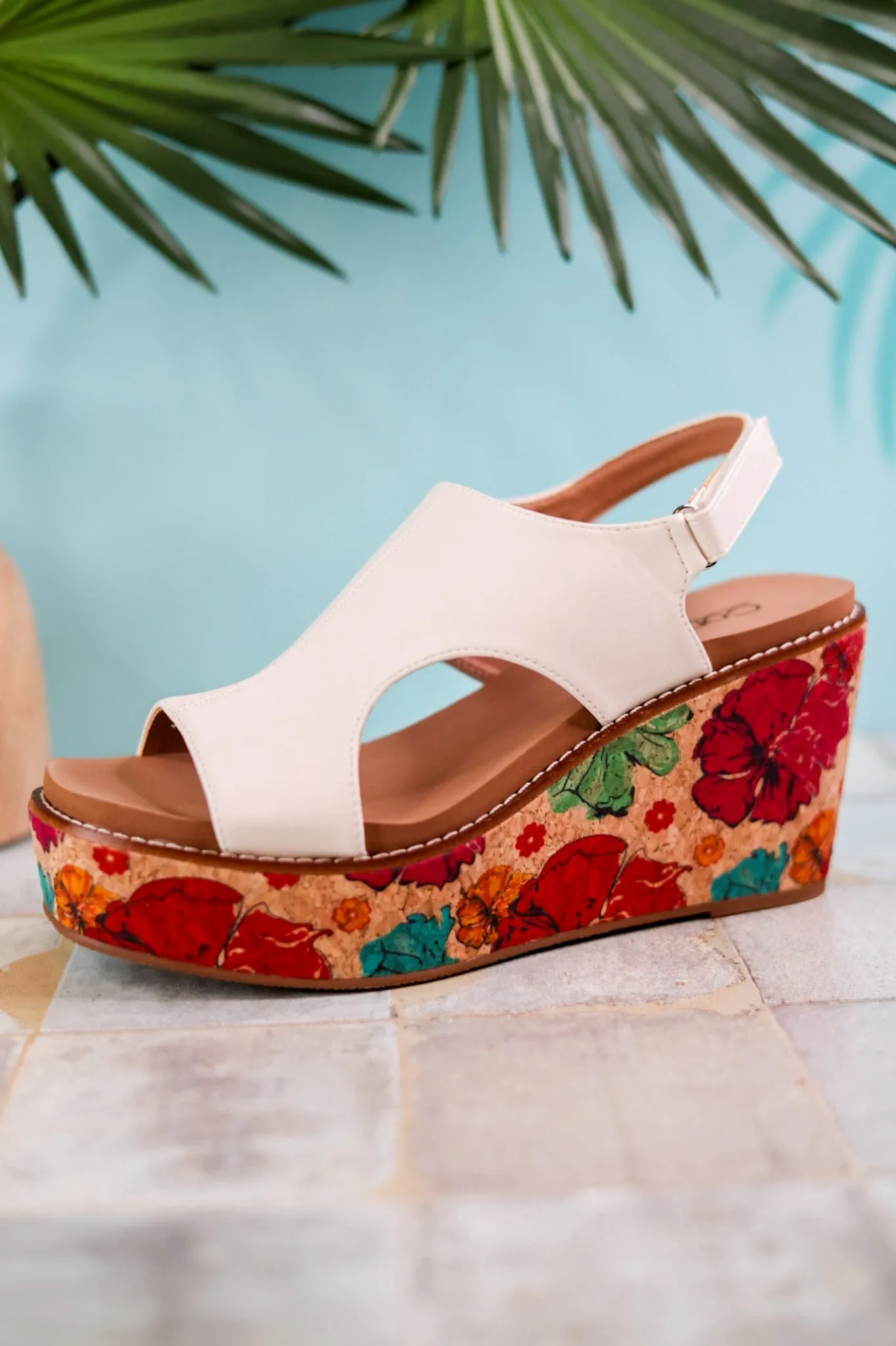 White Freddie Wedges with Floral Cork Heel