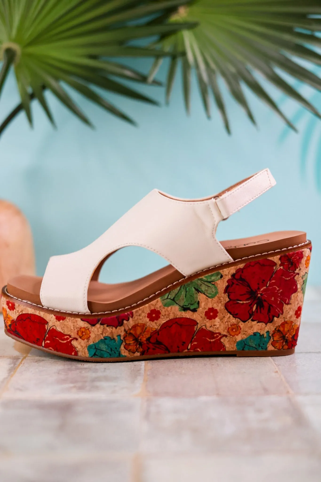 White Freddie Wedges with Floral Cork Heel