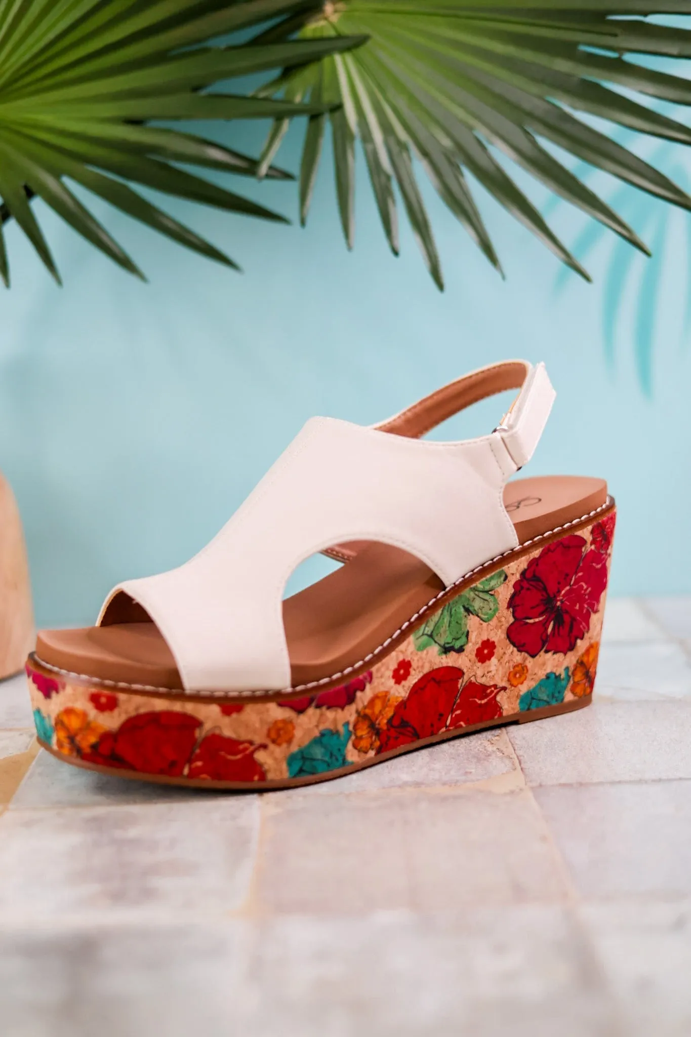 White Freddie Wedges with Floral Cork Heel