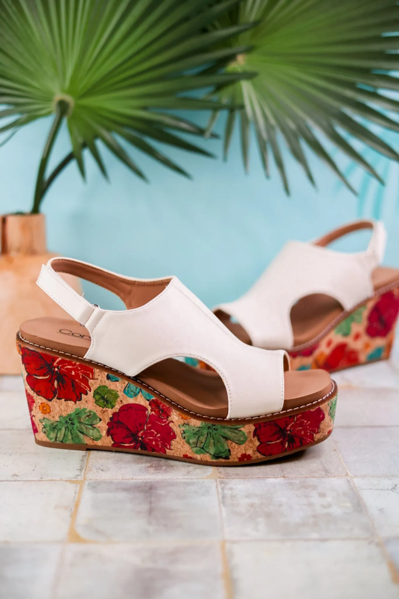 White Freddie Wedges with Floral Cork Heel