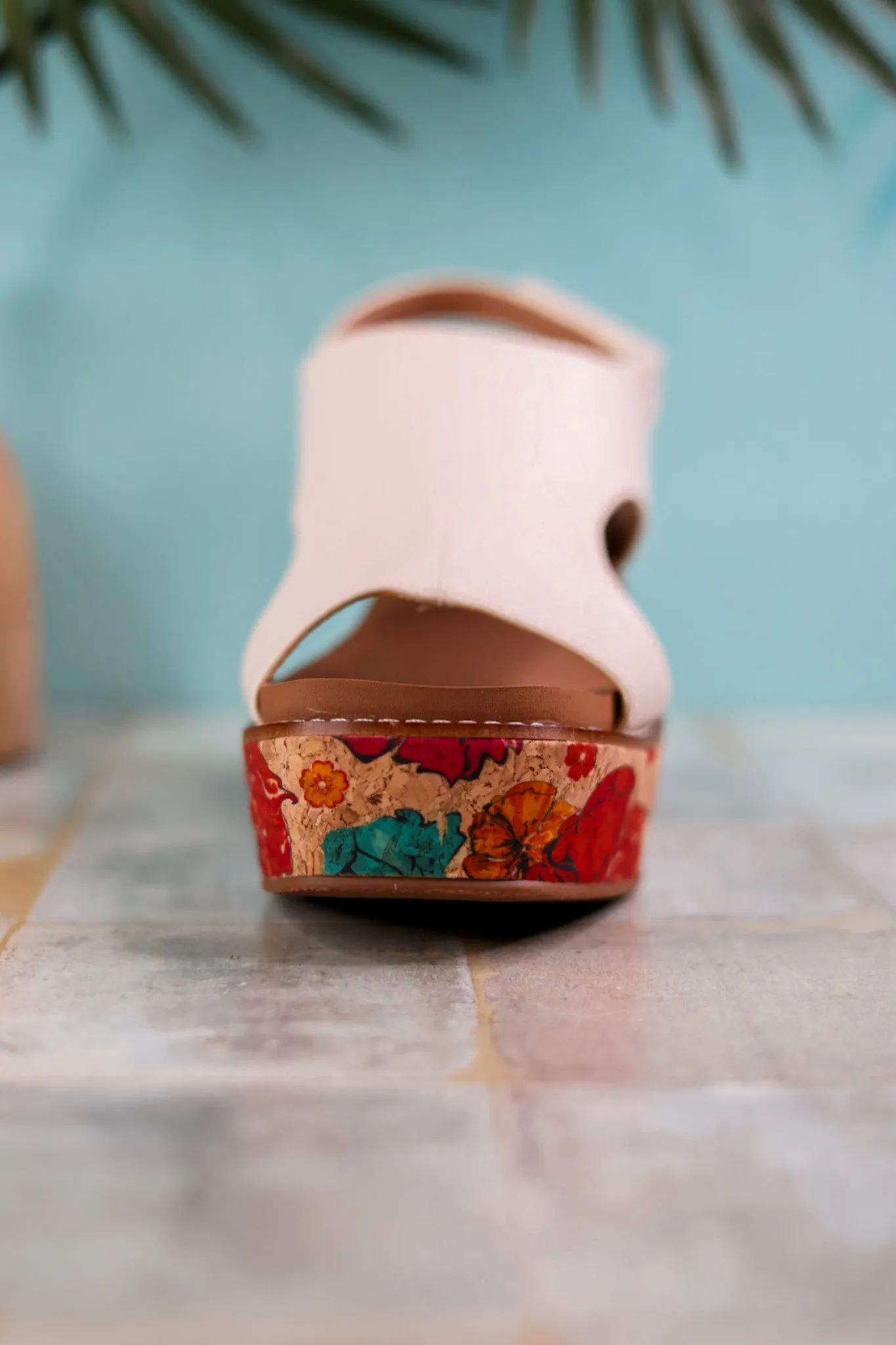White Freddie Wedges with Floral Cork Heel