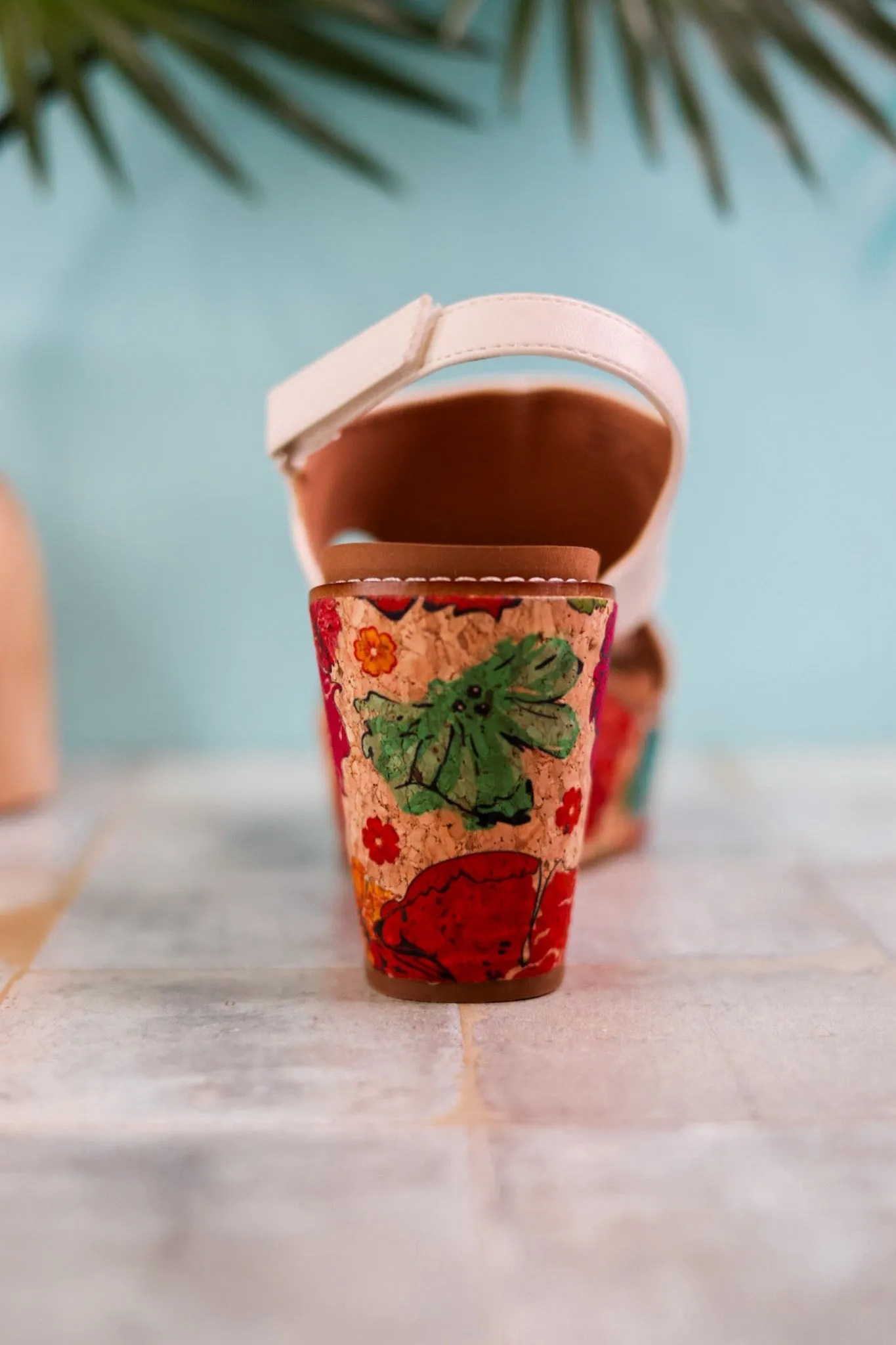 White Freddie Wedges with Floral Cork Heel