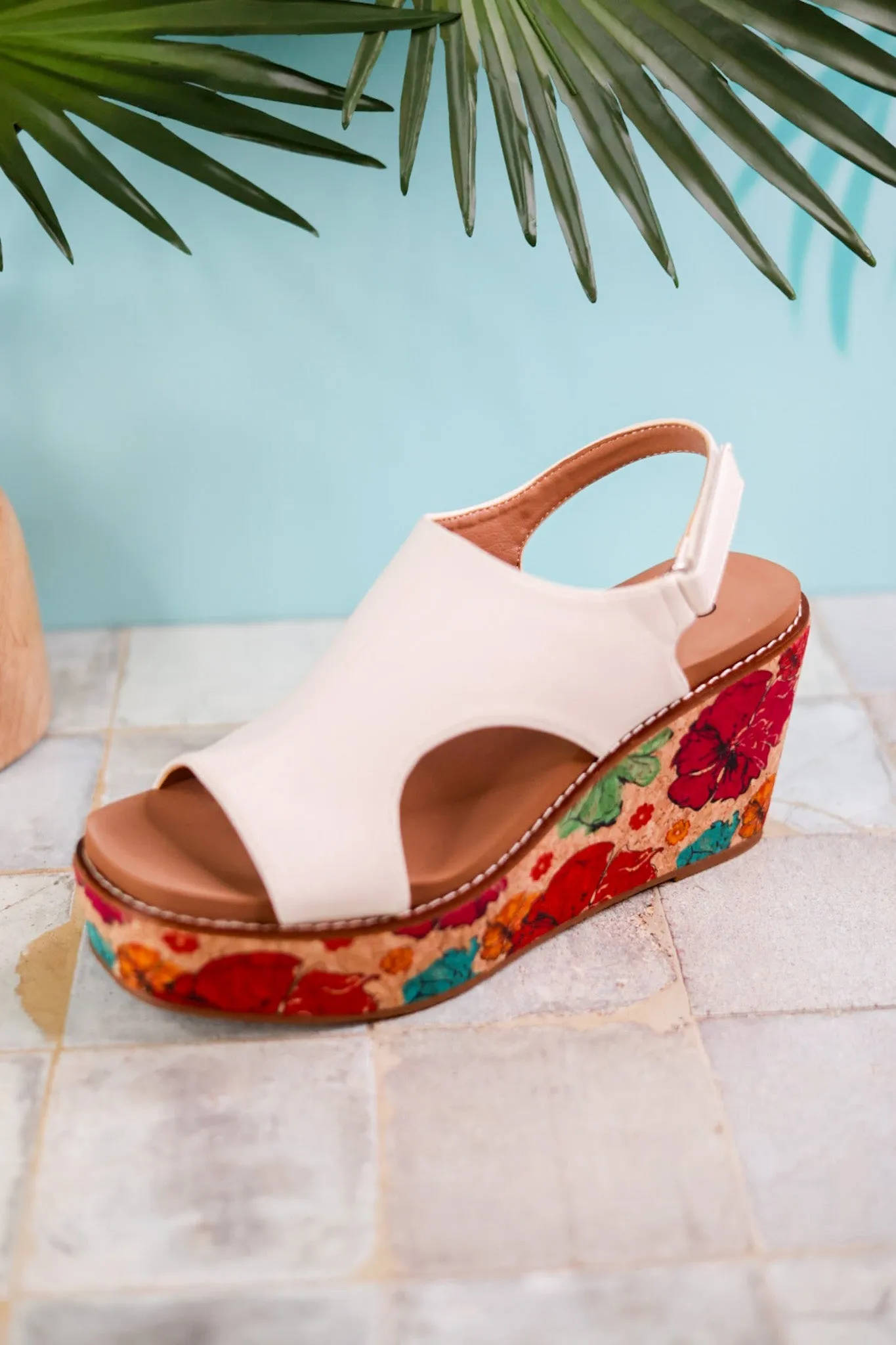 White Freddie Wedges with Floral Cork Heel