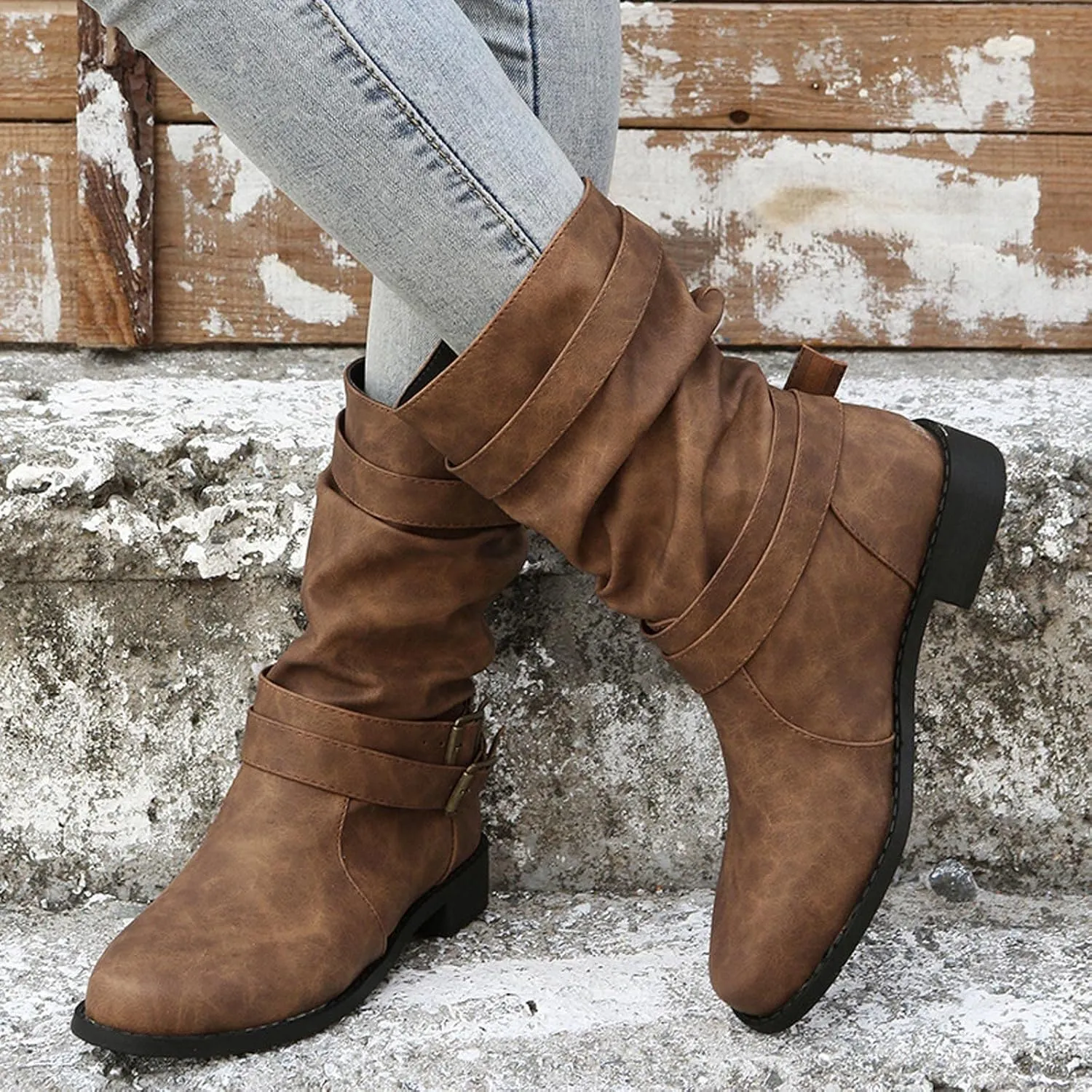 Women Ankle Boots Western Cowboy Booties Retro Suede Lace-up Side Zipper Casual Shoes Low Heels Non-slip Calf Boot