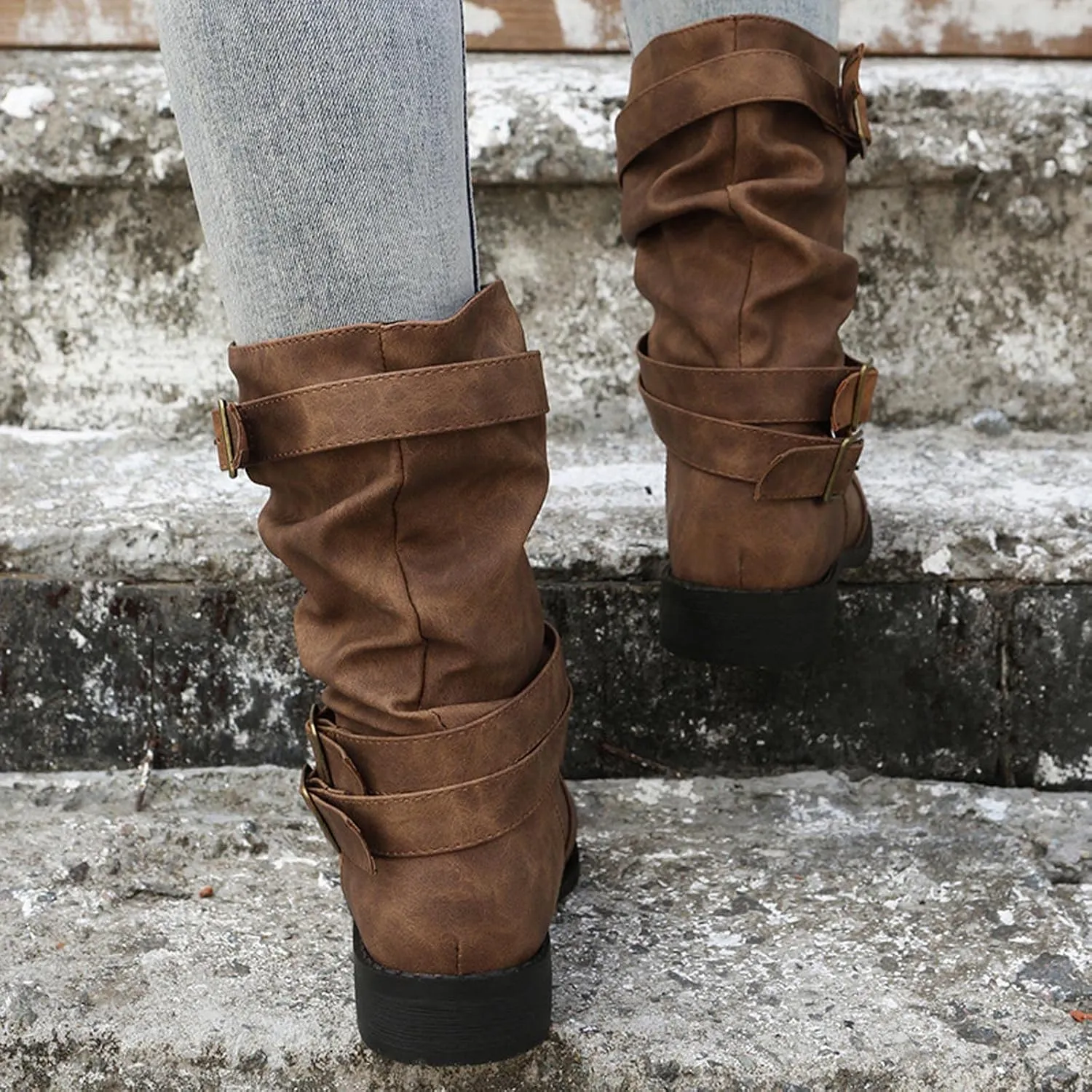 Women Ankle Boots Western Cowboy Booties Retro Suede Lace-up Side Zipper Casual Shoes Low Heels Non-slip Calf Boot