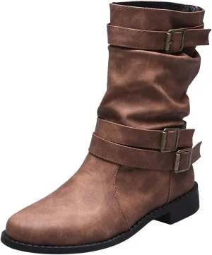 Women Ankle Boots Western Cowboy Booties Retro Suede Lace-up Side Zipper Casual Shoes Low Heels Non-slip Calf Boot