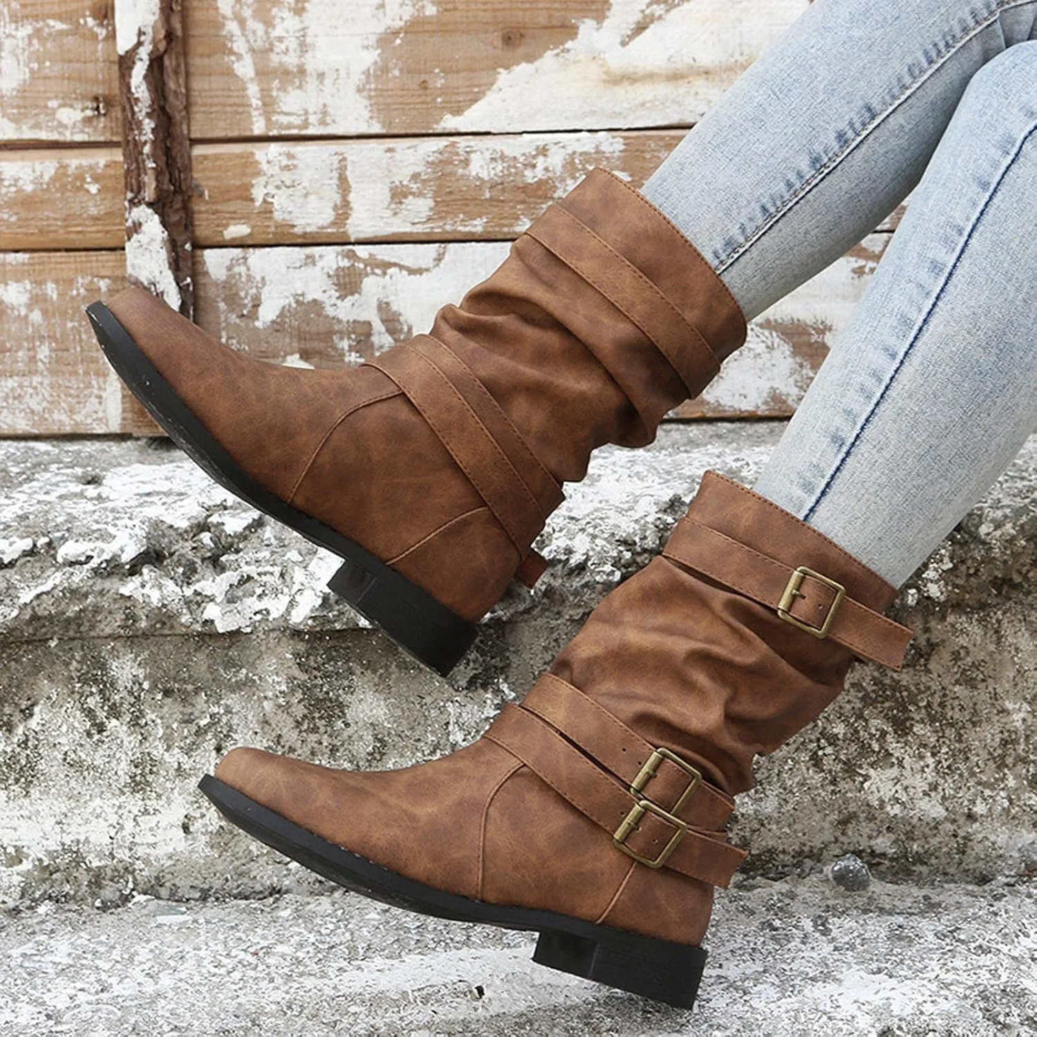 Women Ankle Boots Western Cowboy Booties Retro Suede Lace-up Side Zipper Casual Shoes Low Heels Non-slip Calf Boot