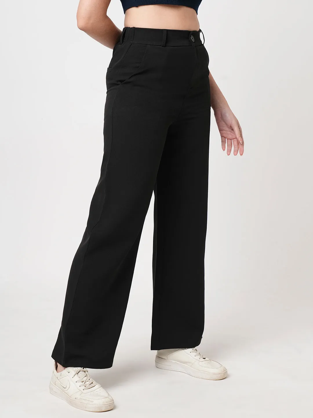 Women Black Mid-Rise Wide Leg Trouser