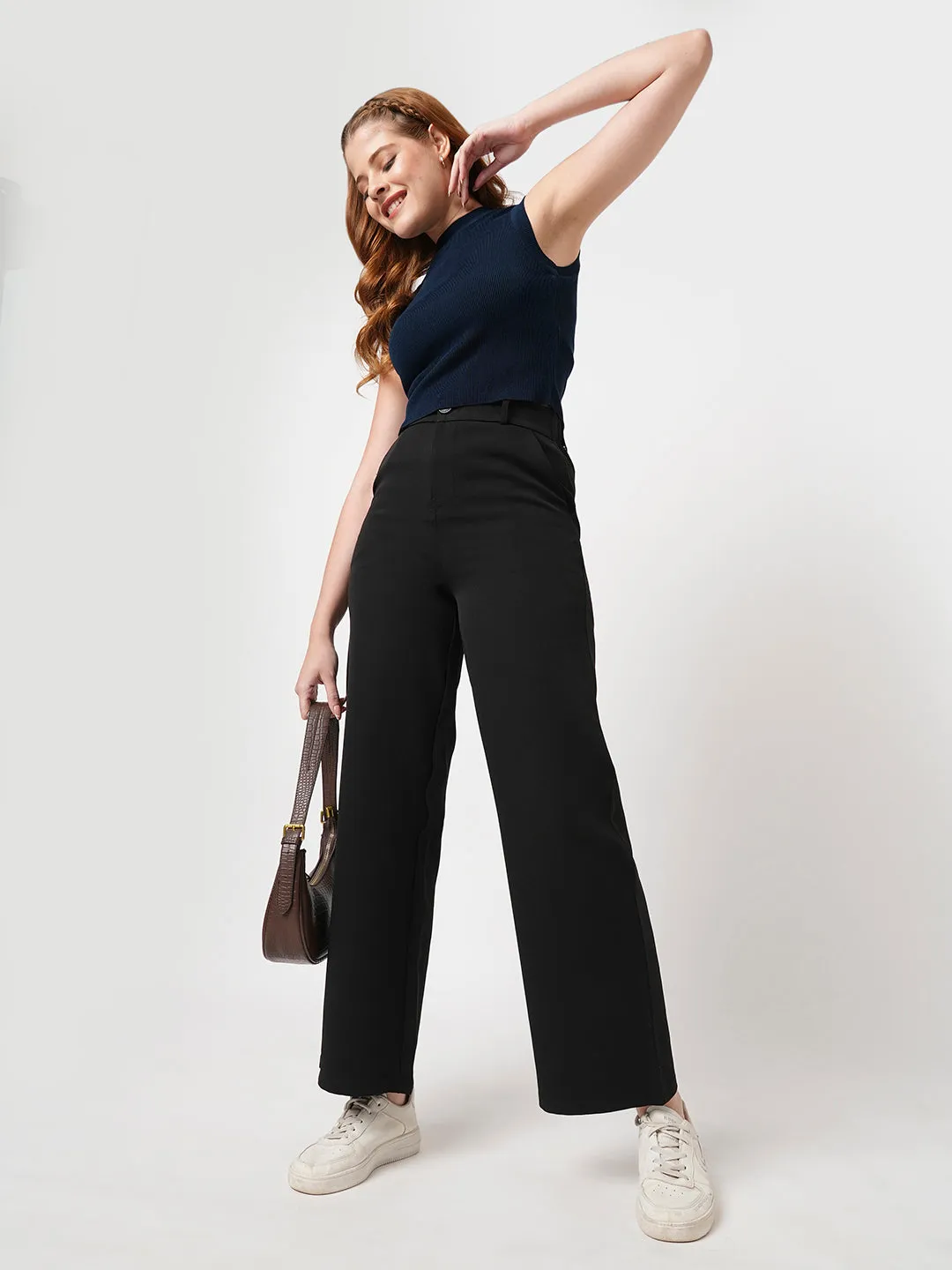 Women Black Mid-Rise Wide Leg Trouser