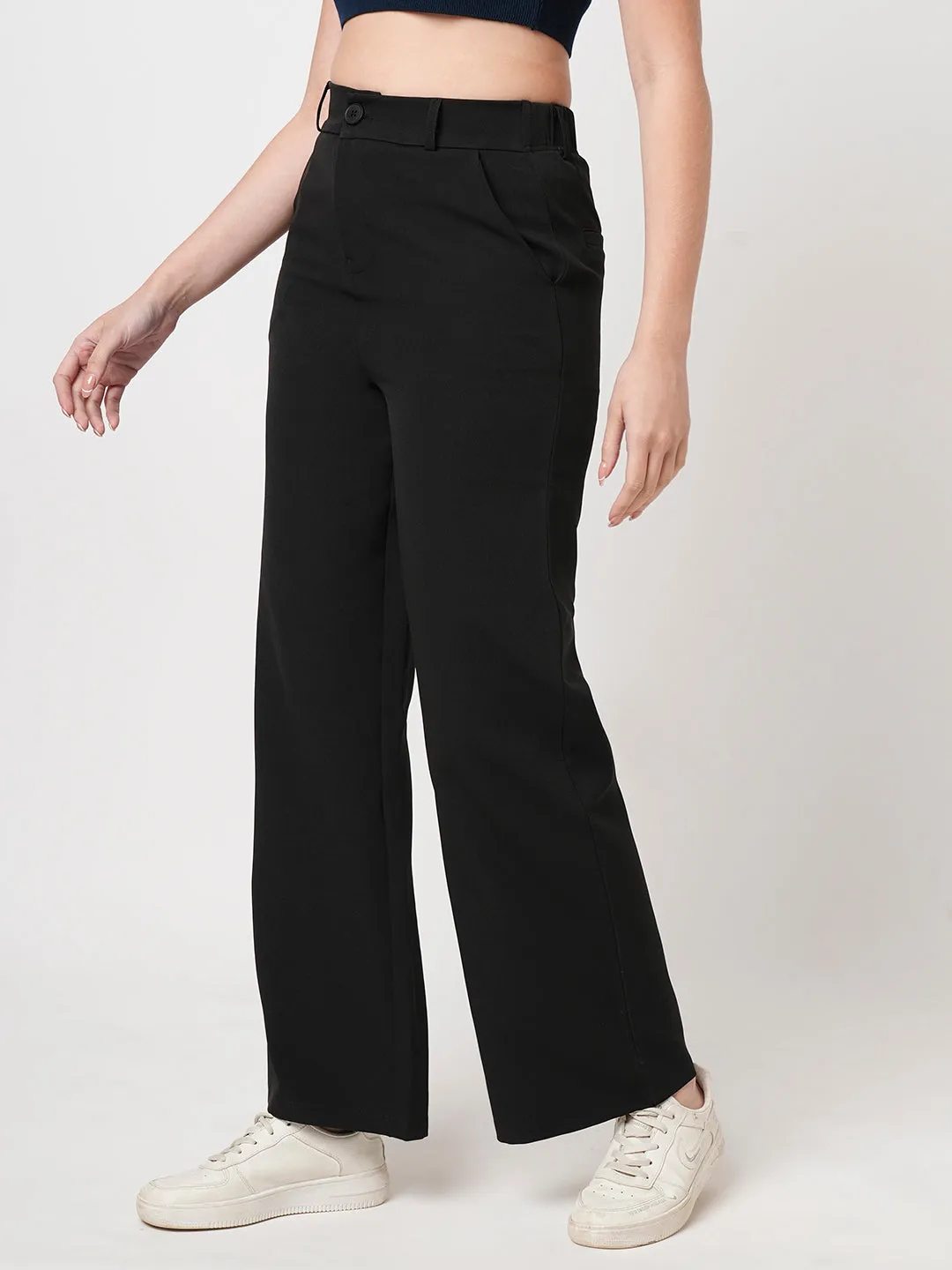 Women Black Mid-Rise Wide Leg Trouser