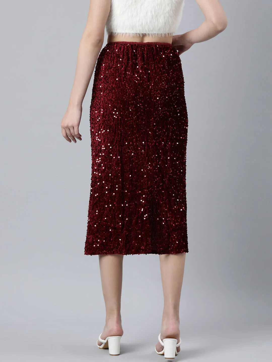 Women Self Design Maroon Straight Midi Skirt