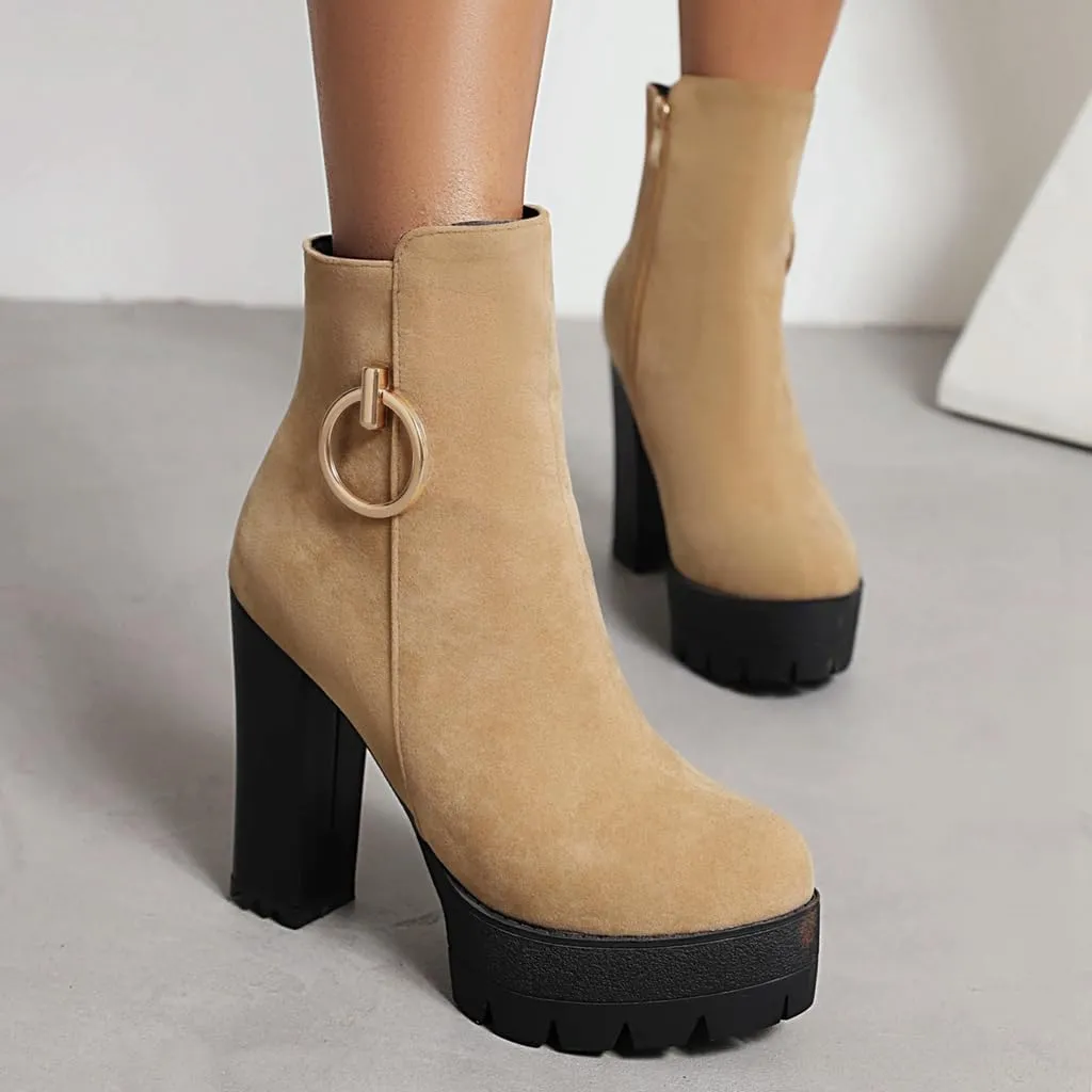 Women's Chunky Platform High Heel Ankle Boots Round Toe Suede Side Zipper Winter Dressy Short Bootie