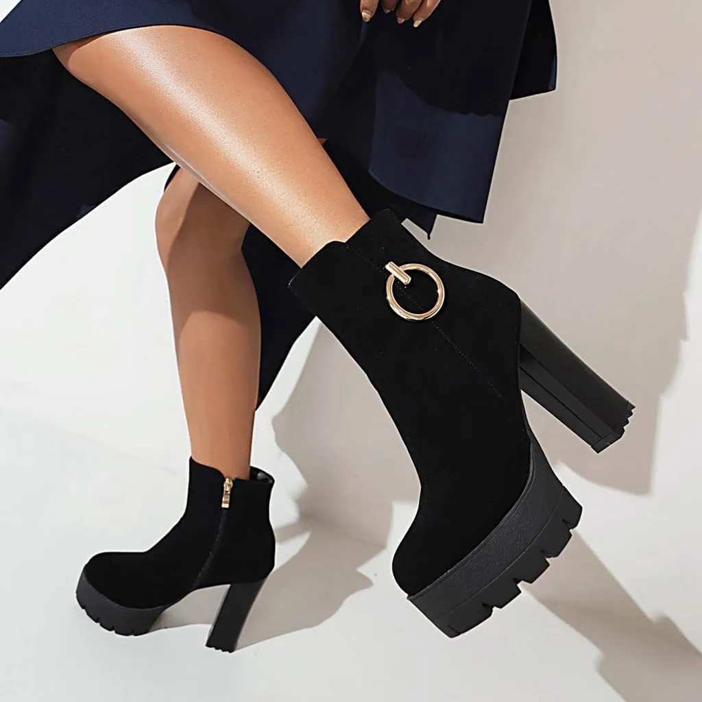 Women's Chunky Platform High Heel Ankle Boots Round Toe Suede Side Zipper Winter Dressy Short Bootie