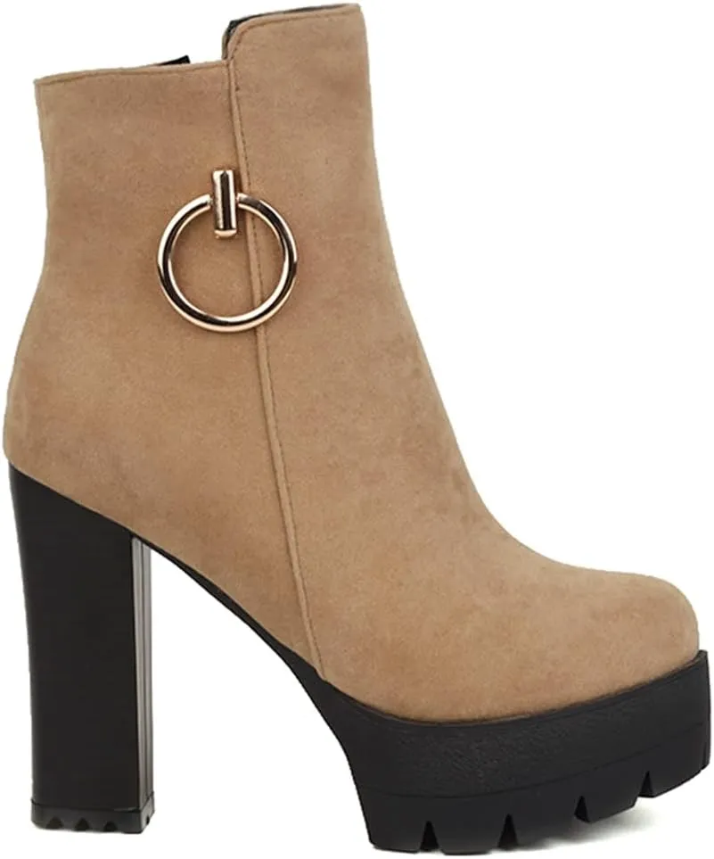 Women's Chunky Platform High Heel Ankle Boots Round Toe Suede Side Zipper Winter Dressy Short Bootie