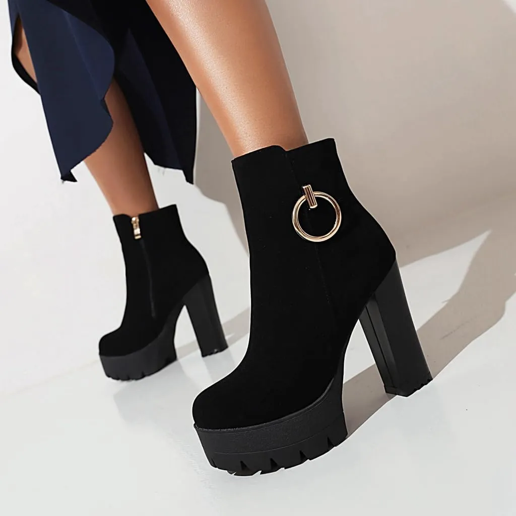 Women's Chunky Platform High Heel Ankle Boots Round Toe Suede Side Zipper Winter Dressy Short Bootie
