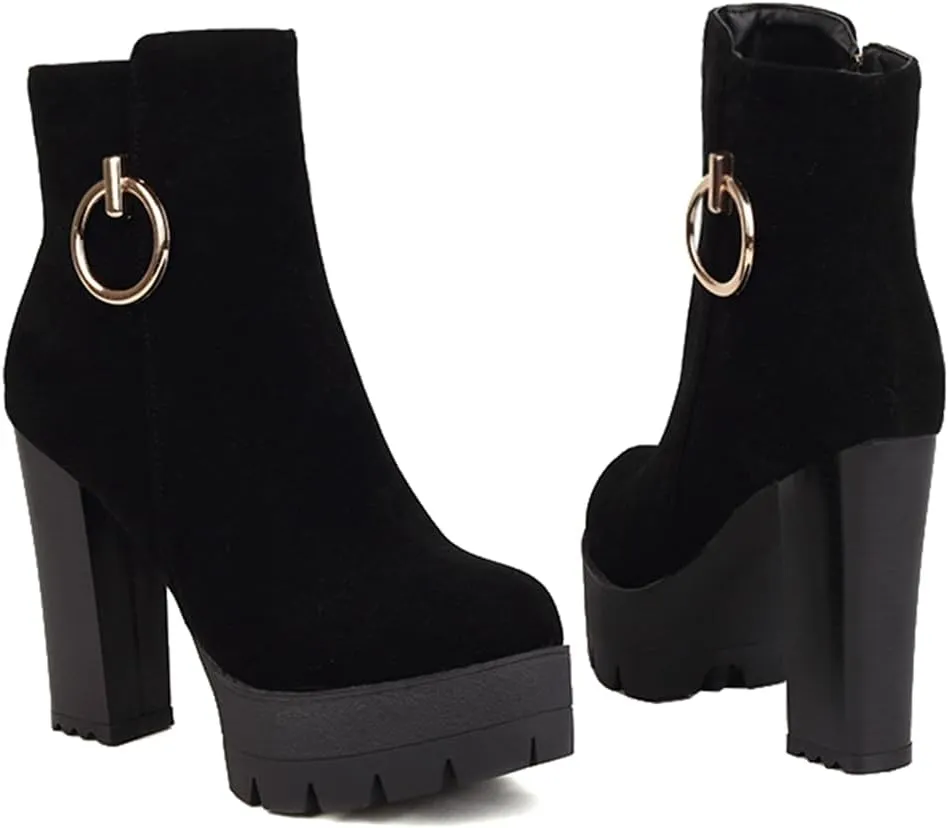 Women's Chunky Platform High Heel Ankle Boots Round Toe Suede Side Zipper Winter Dressy Short Bootie