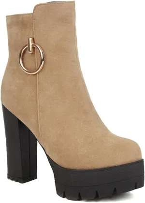 Women's Chunky Platform High Heel Ankle Boots Round Toe Suede Side Zipper Winter Dressy Short Bootie