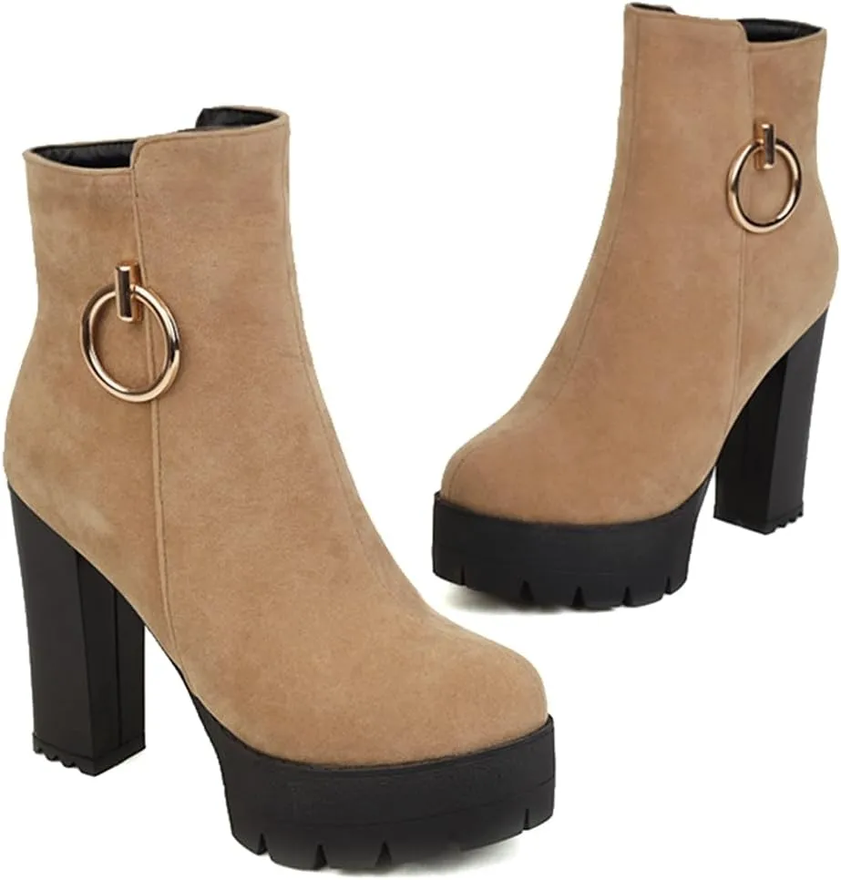 Women's Chunky Platform High Heel Ankle Boots Round Toe Suede Side Zipper Winter Dressy Short Bootie
