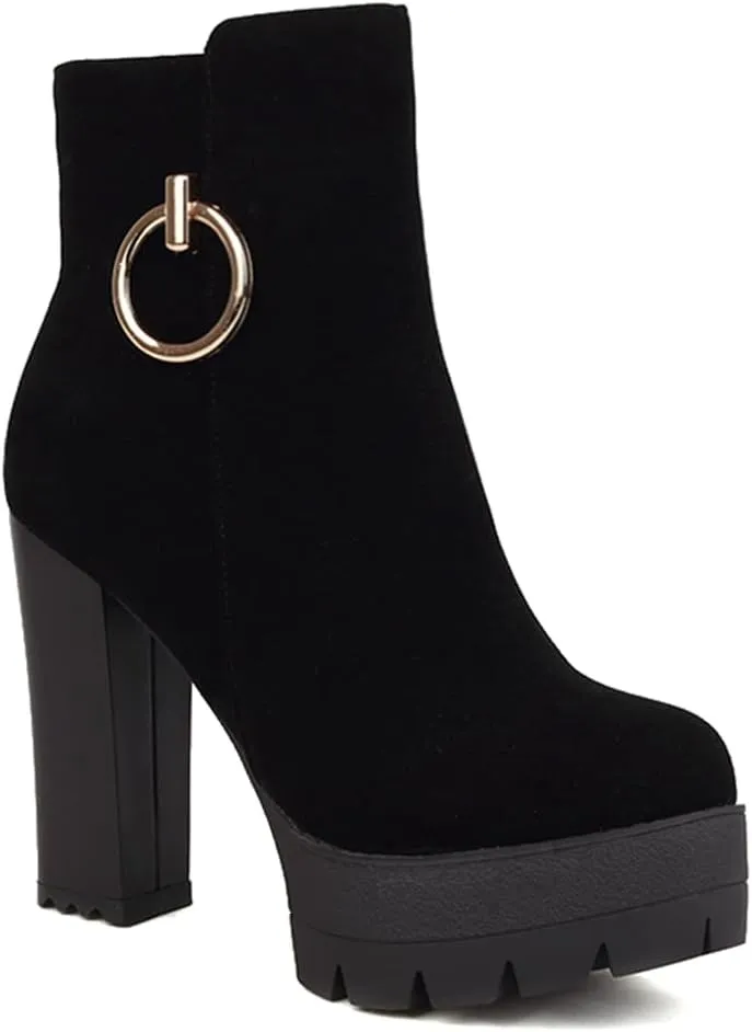 Women's Chunky Platform High Heel Ankle Boots Round Toe Suede Side Zipper Winter Dressy Short Bootie