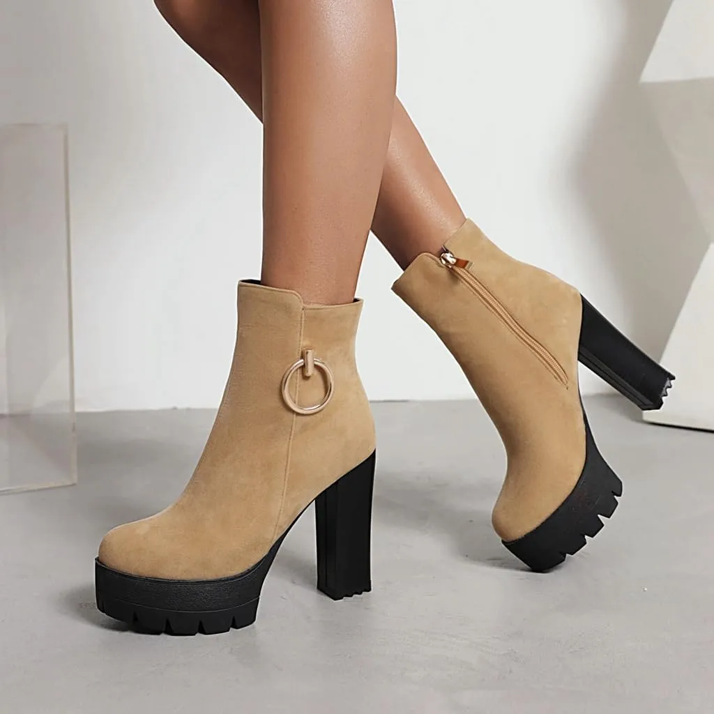 Women's Chunky Platform High Heel Ankle Boots Round Toe Suede Side Zipper Winter Dressy Short Bootie