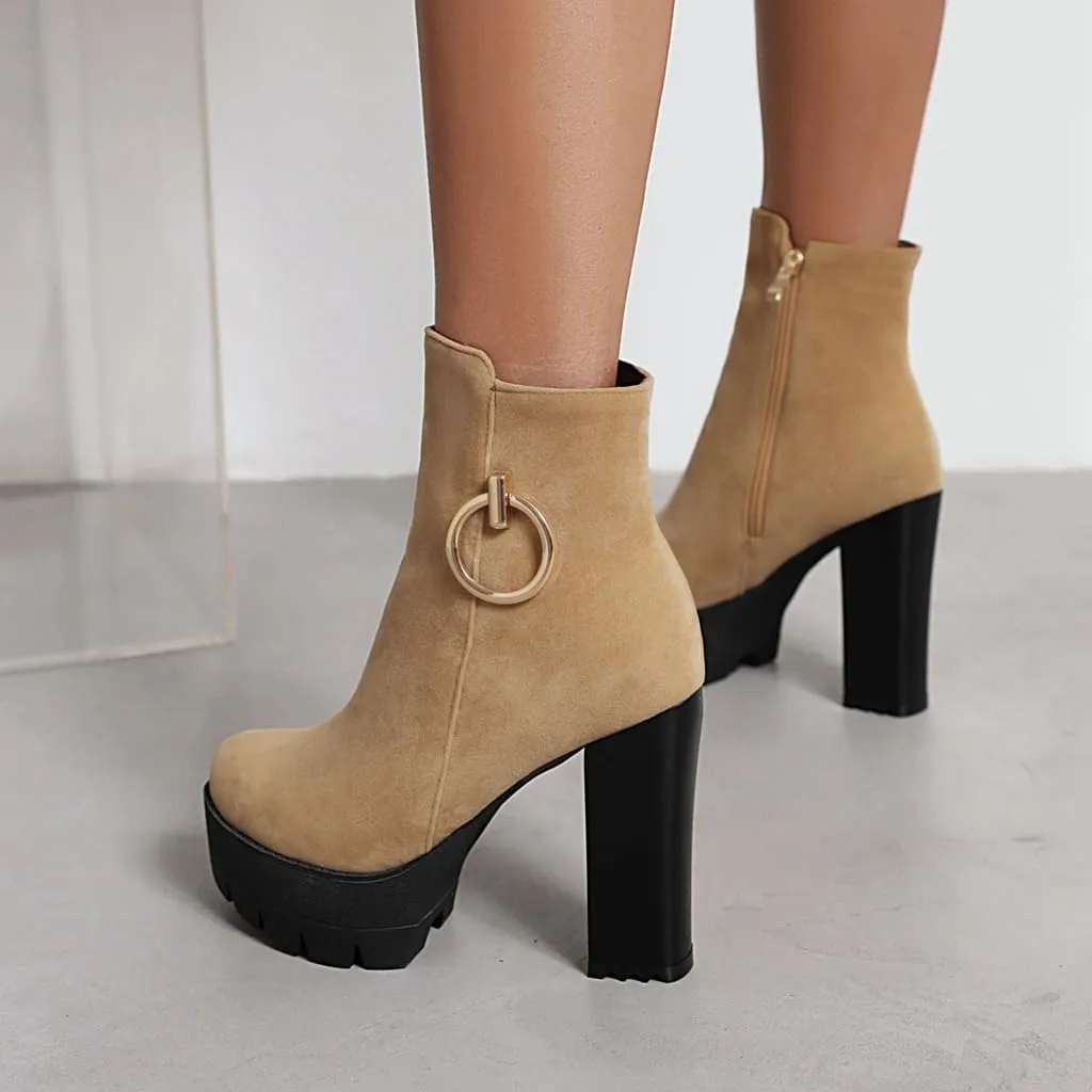 Women's Chunky Platform High Heel Ankle Boots Round Toe Suede Side Zipper Winter Dressy Short Bootie