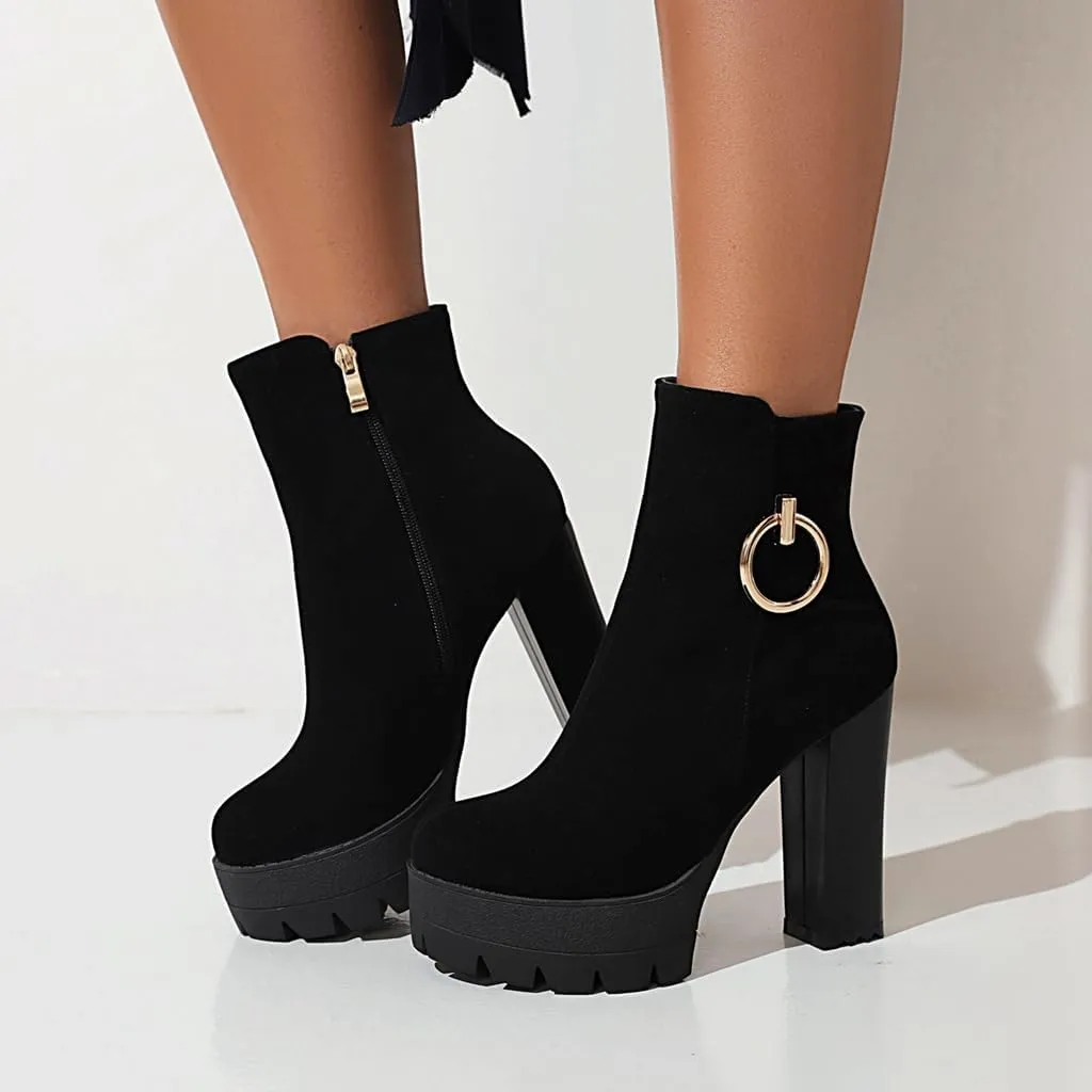 Women's Chunky Platform High Heel Ankle Boots Round Toe Suede Side Zipper Winter Dressy Short Bootie
