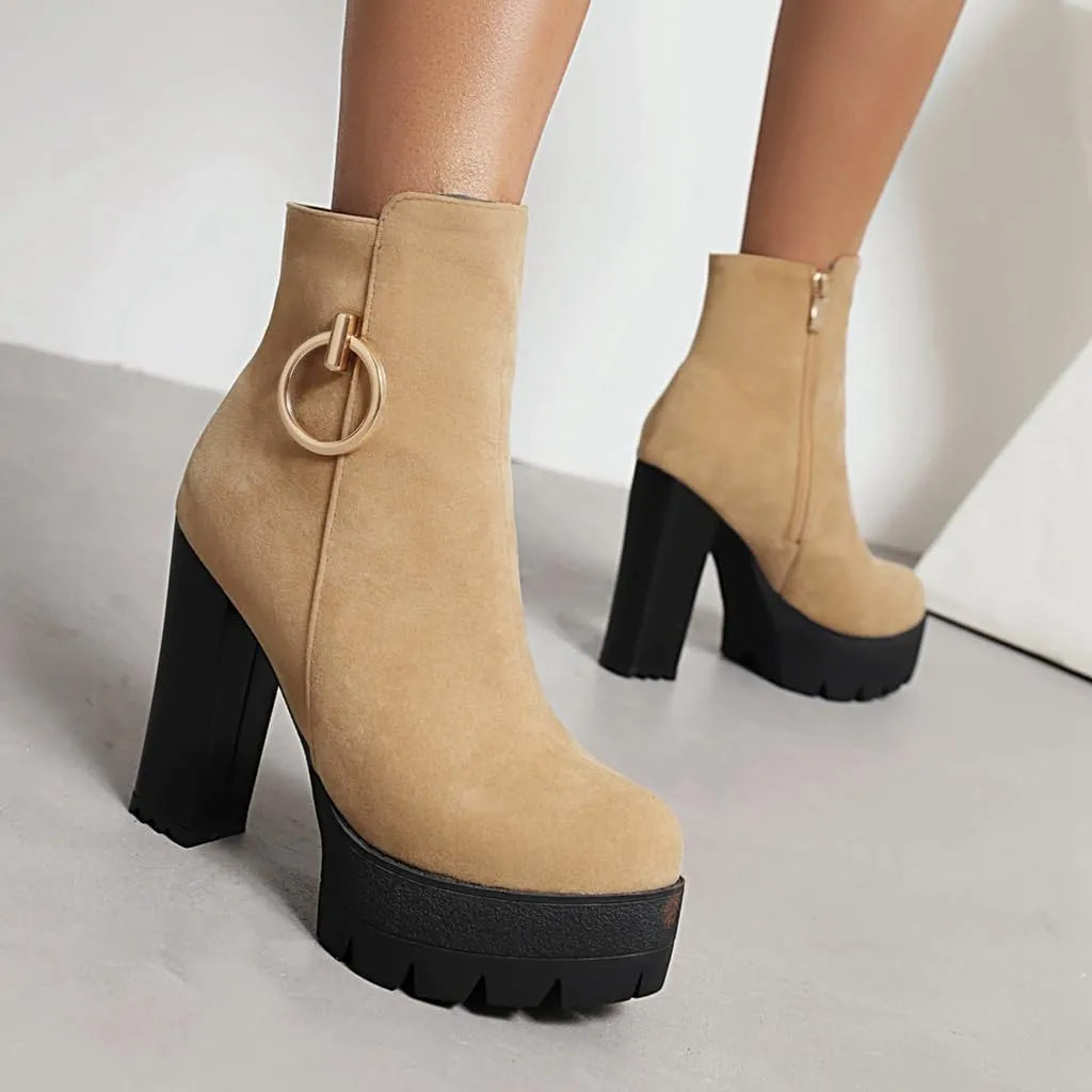Women's Chunky Platform High Heel Ankle Boots Round Toe Suede Side Zipper Winter Dressy Short Bootie