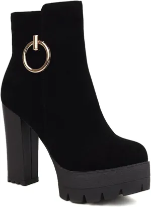 Women's Chunky Platform High Heel Ankle Boots Round Toe Suede Side Zipper Winter Dressy Short Bootie