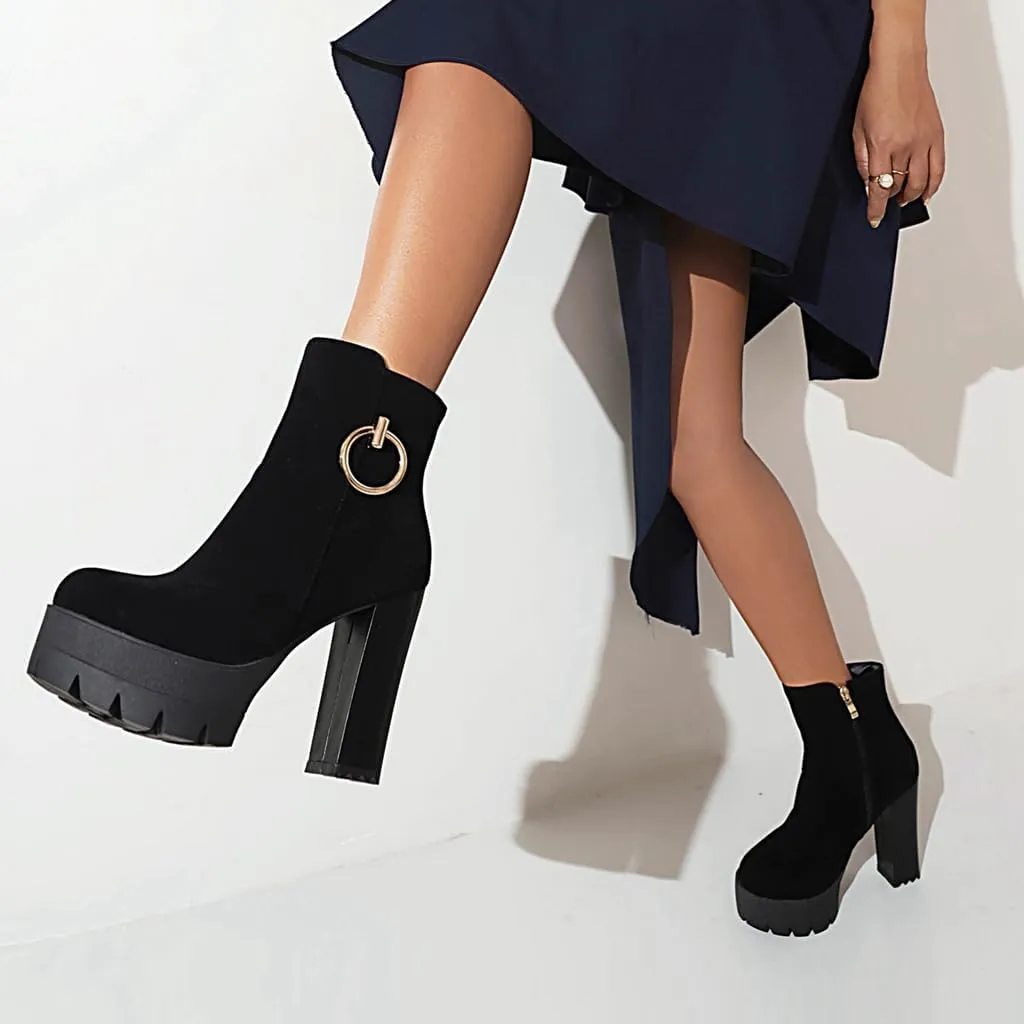 Women's Chunky Platform High Heel Ankle Boots Round Toe Suede Side Zipper Winter Dressy Short Bootie