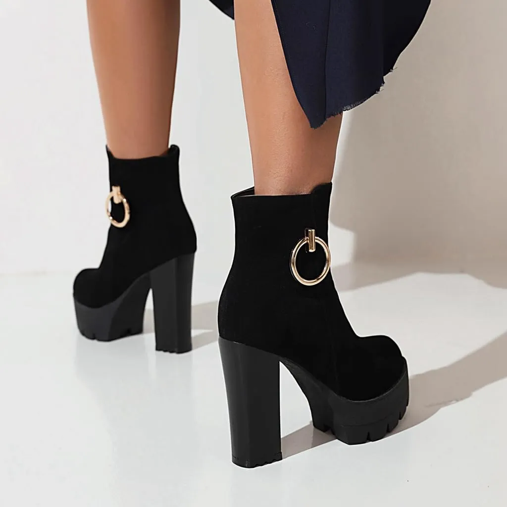 Women's Chunky Platform High Heel Ankle Boots Round Toe Suede Side Zipper Winter Dressy Short Bootie