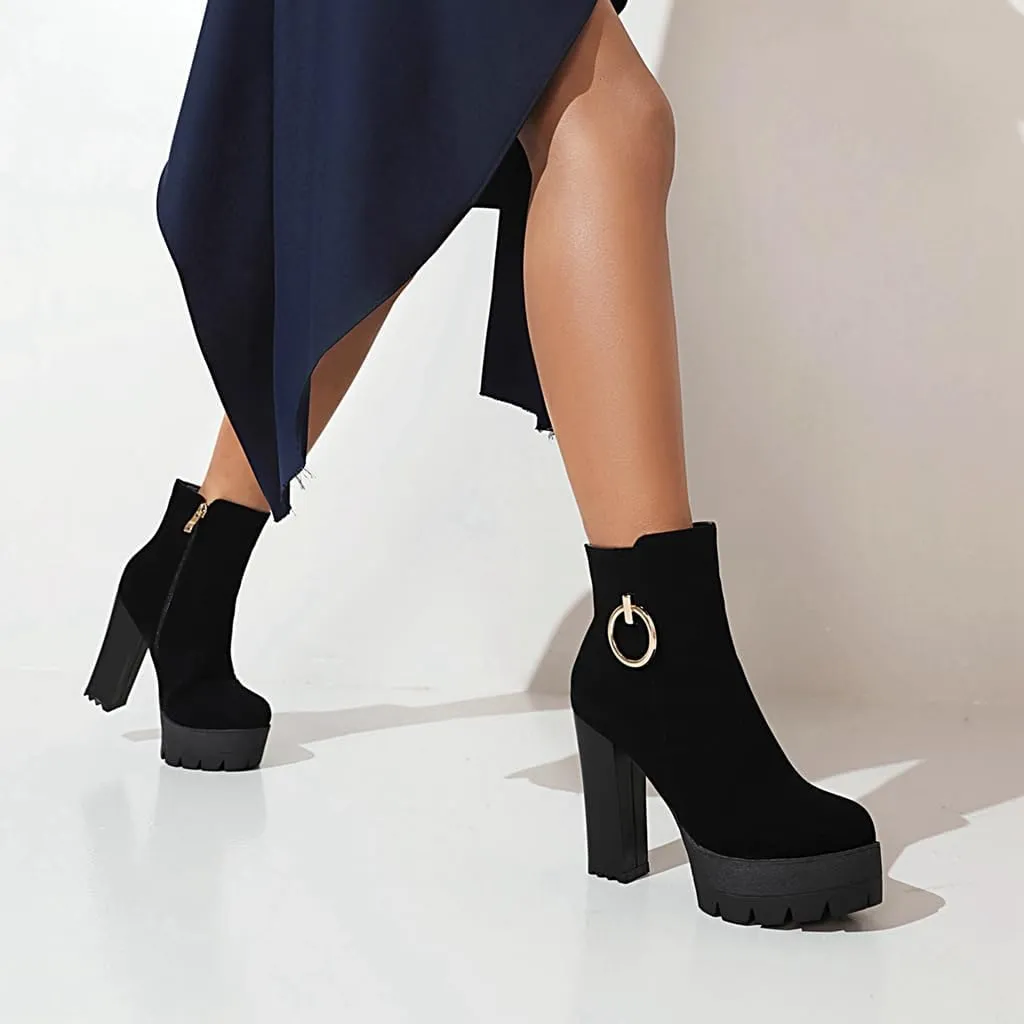 Women's Chunky Platform High Heel Ankle Boots Round Toe Suede Side Zipper Winter Dressy Short Bootie