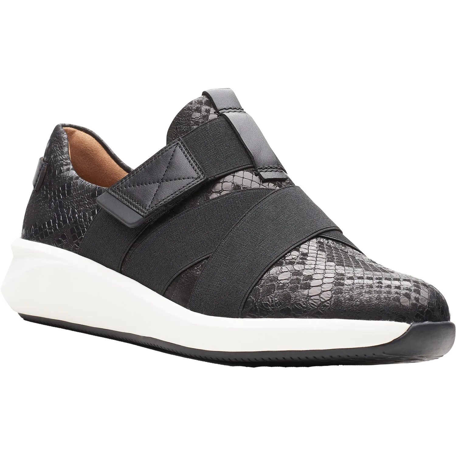 Women's Clarks Un Rio Strap Black Snake Leather