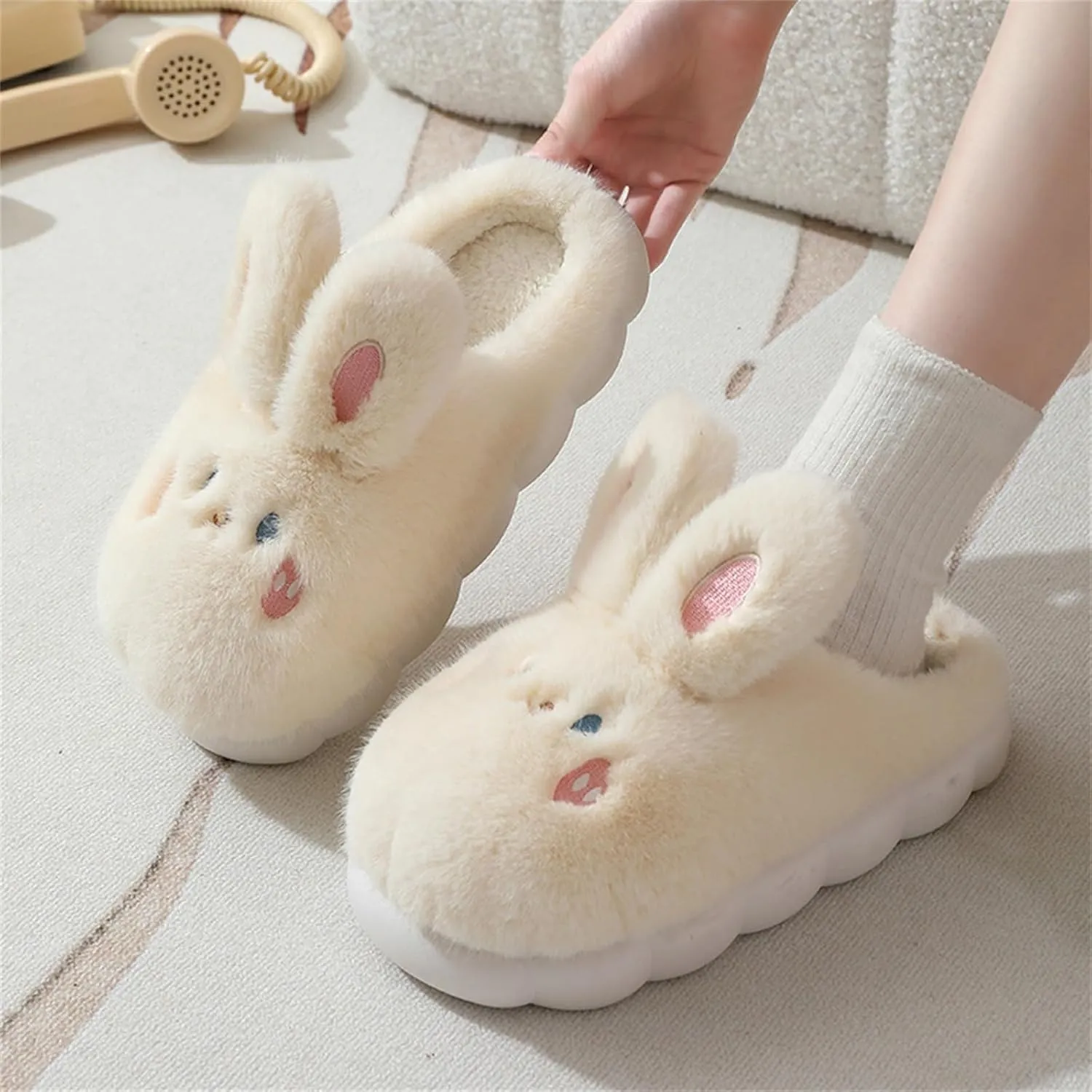 Women's Long Plush Flat Bottom Slippers Ladies Cute Bunny Memory Foam Faux Furry Liner Slipper