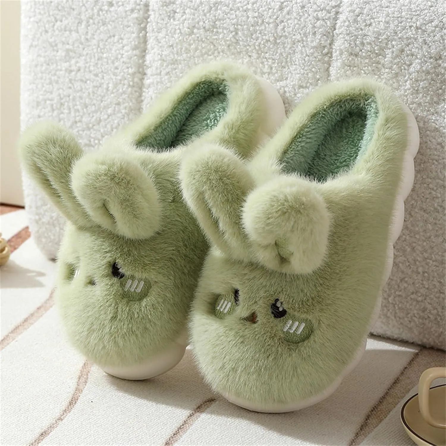 Women's Long Plush Flat Bottom Slippers Ladies Cute Bunny Memory Foam Faux Furry Liner Slipper