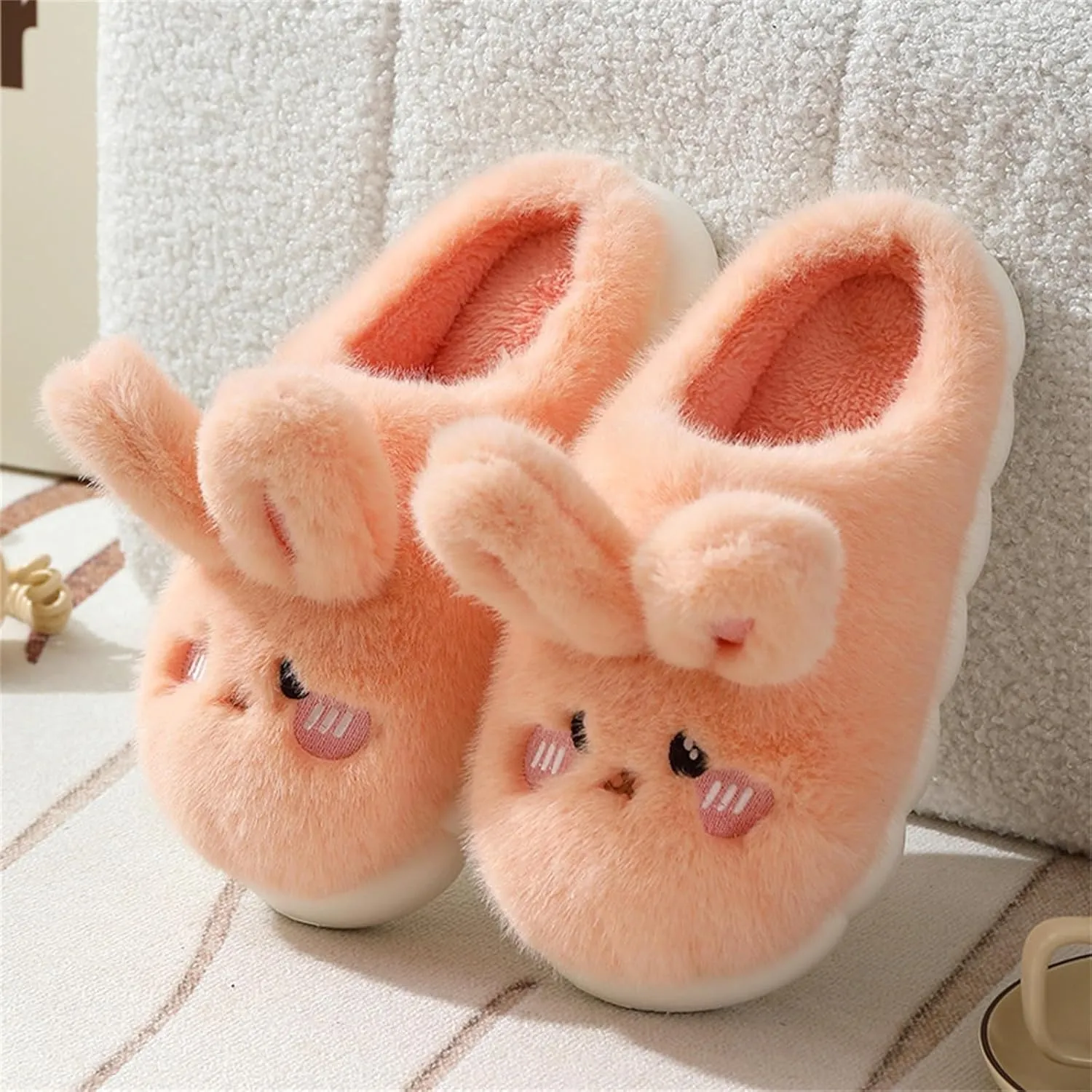 Women's Long Plush Flat Bottom Slippers Ladies Cute Bunny Memory Foam Faux Furry Liner Slipper
