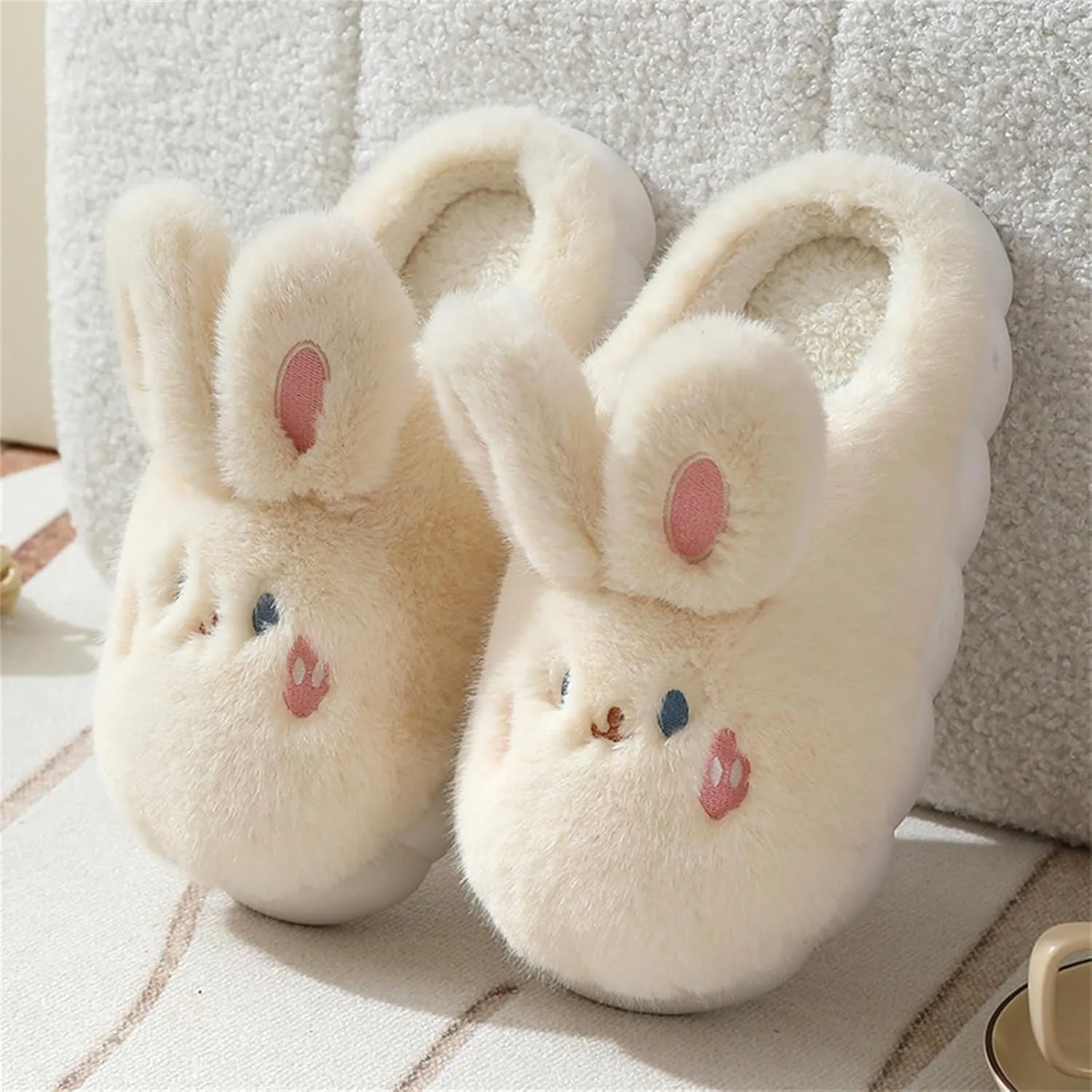 Women's Long Plush Flat Bottom Slippers Ladies Cute Bunny Memory Foam Faux Furry Liner Slipper