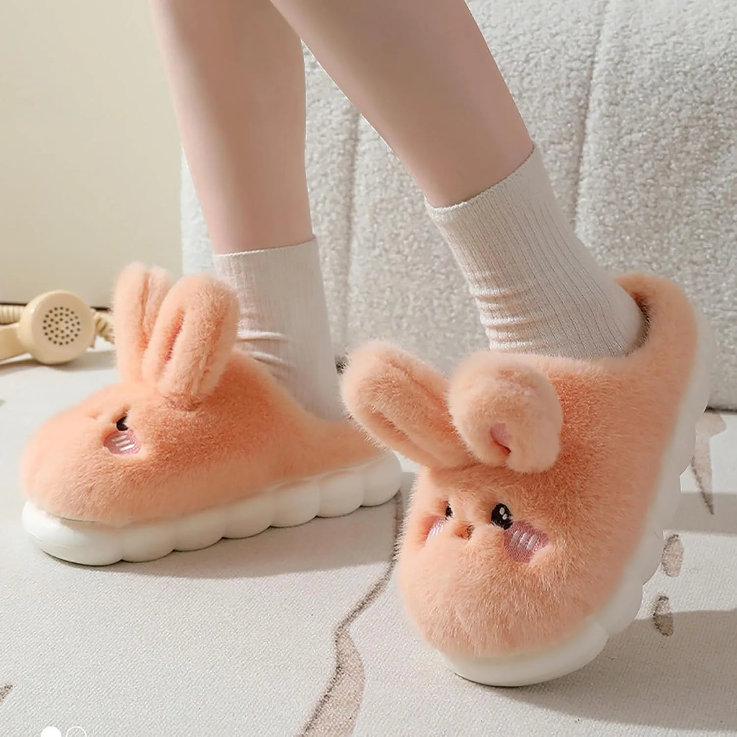 Women's Long Plush Flat Bottom Slippers Ladies Cute Bunny Memory Foam Faux Furry Liner Slipper