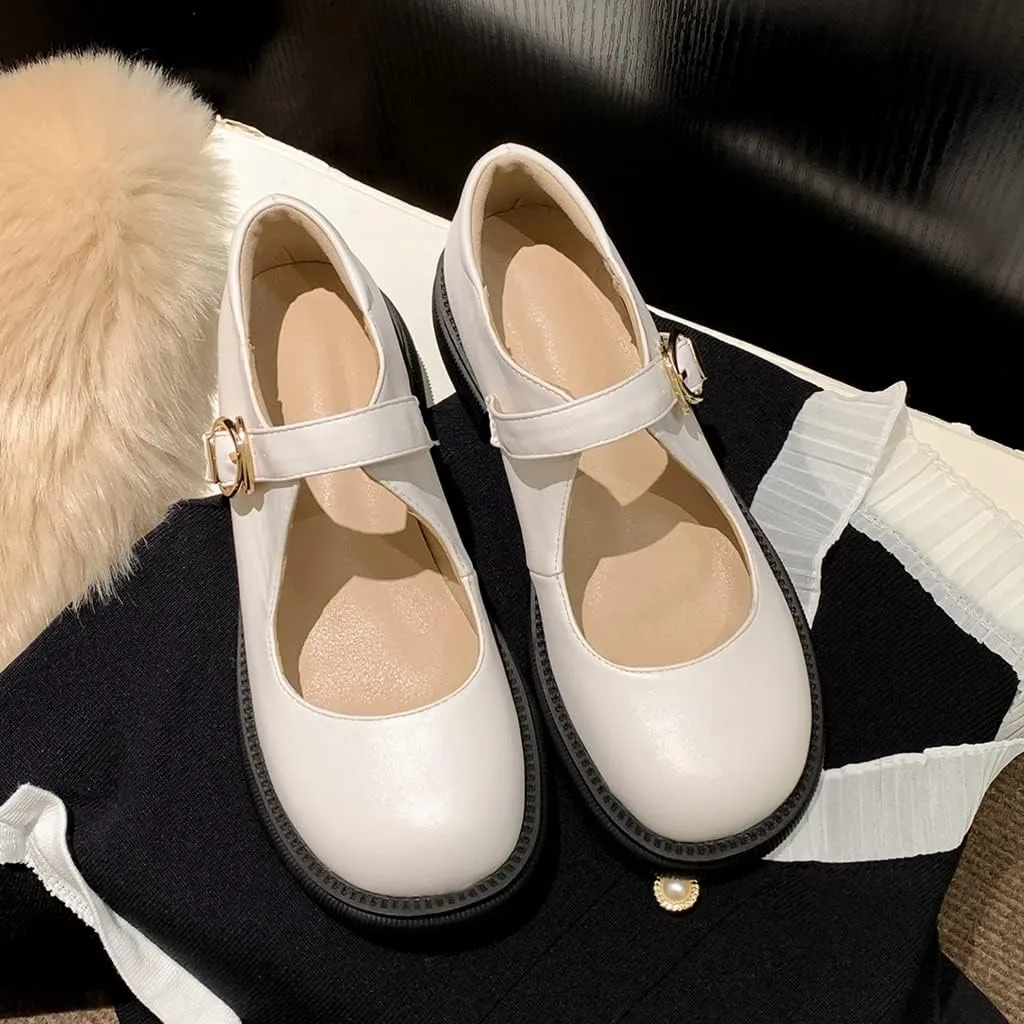 Women's Mary Jane Oxford Shoes Flats Vintage Round Toe Leather Buckle Strap Low Heel Girls Dress Shoe
