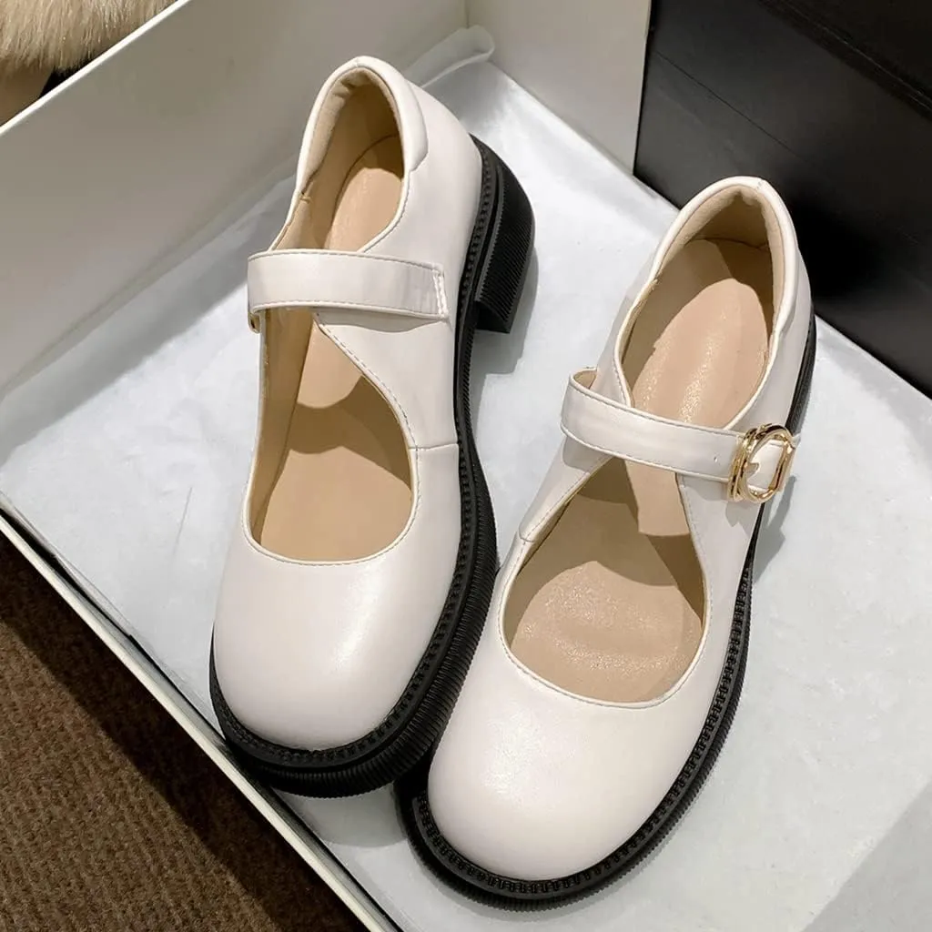 Women's Mary Jane Oxford Shoes Flats Vintage Round Toe Leather Buckle Strap Low Heel Girls Dress Shoe