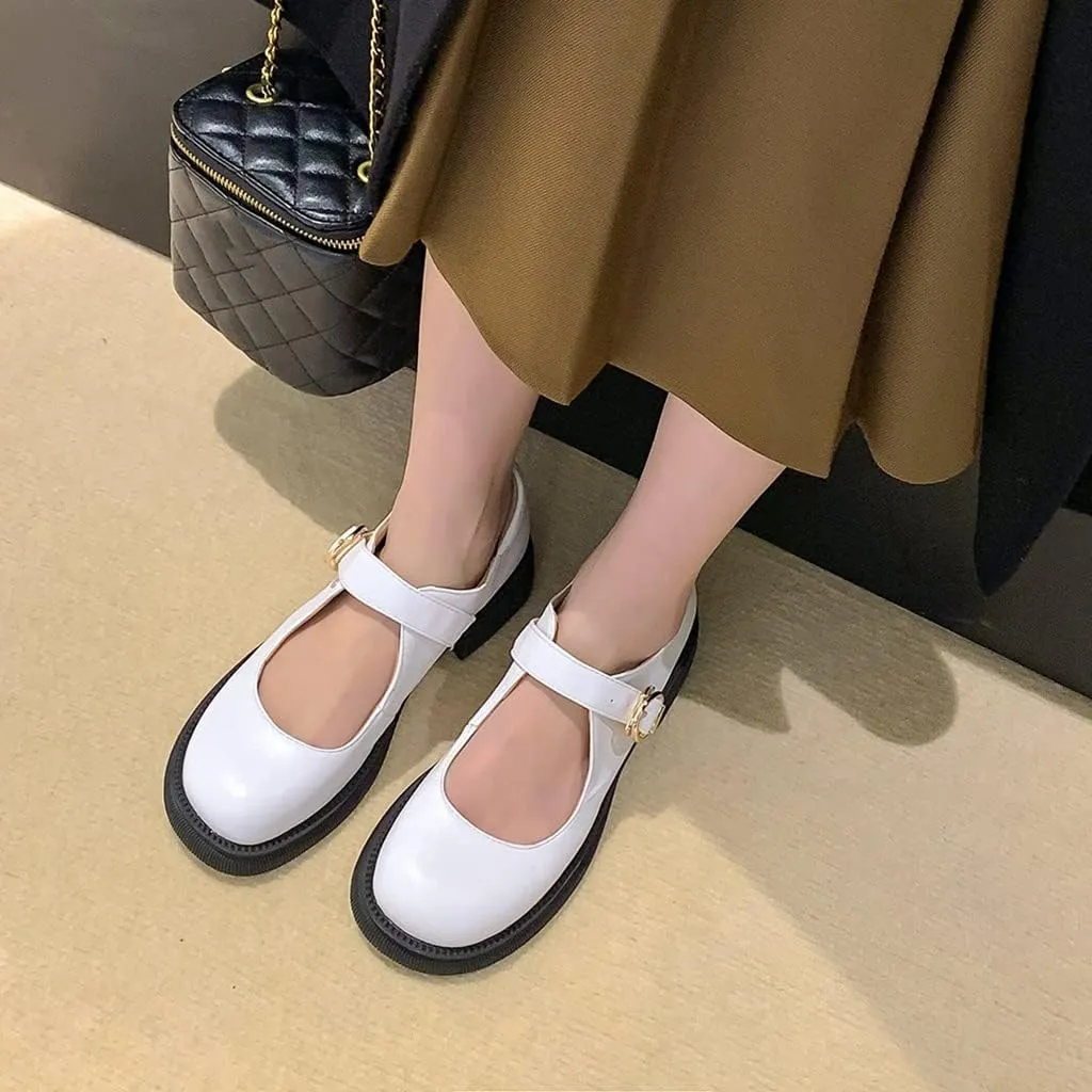 Women's Mary Jane Oxford Shoes Flats Vintage Round Toe Leather Buckle Strap Low Heel Girls Dress Shoe