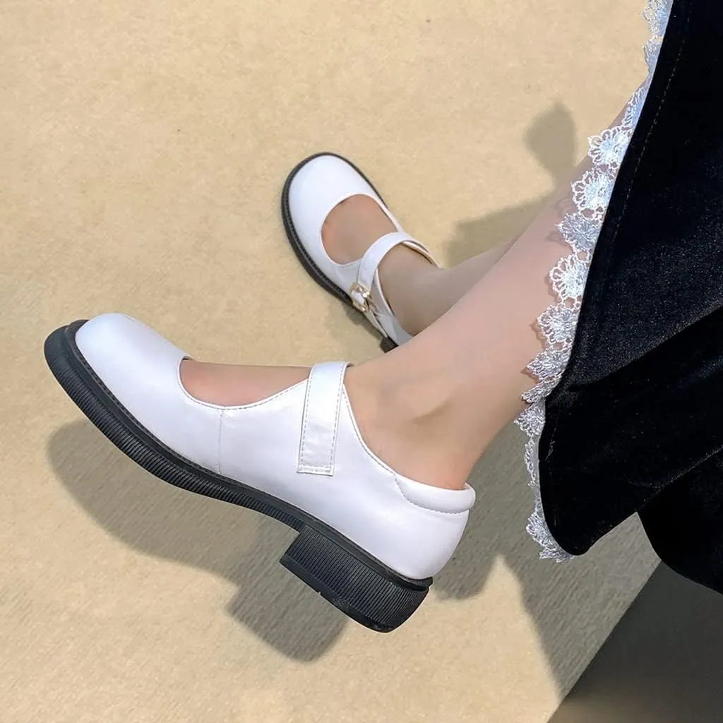 Women's Mary Jane Oxford Shoes Flats Vintage Round Toe Leather Buckle Strap Low Heel Girls Dress Shoe