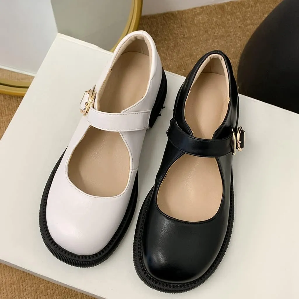 Women's Mary Jane Oxford Shoes Flats Vintage Round Toe Leather Buckle Strap Low Heel Girls Dress Shoe